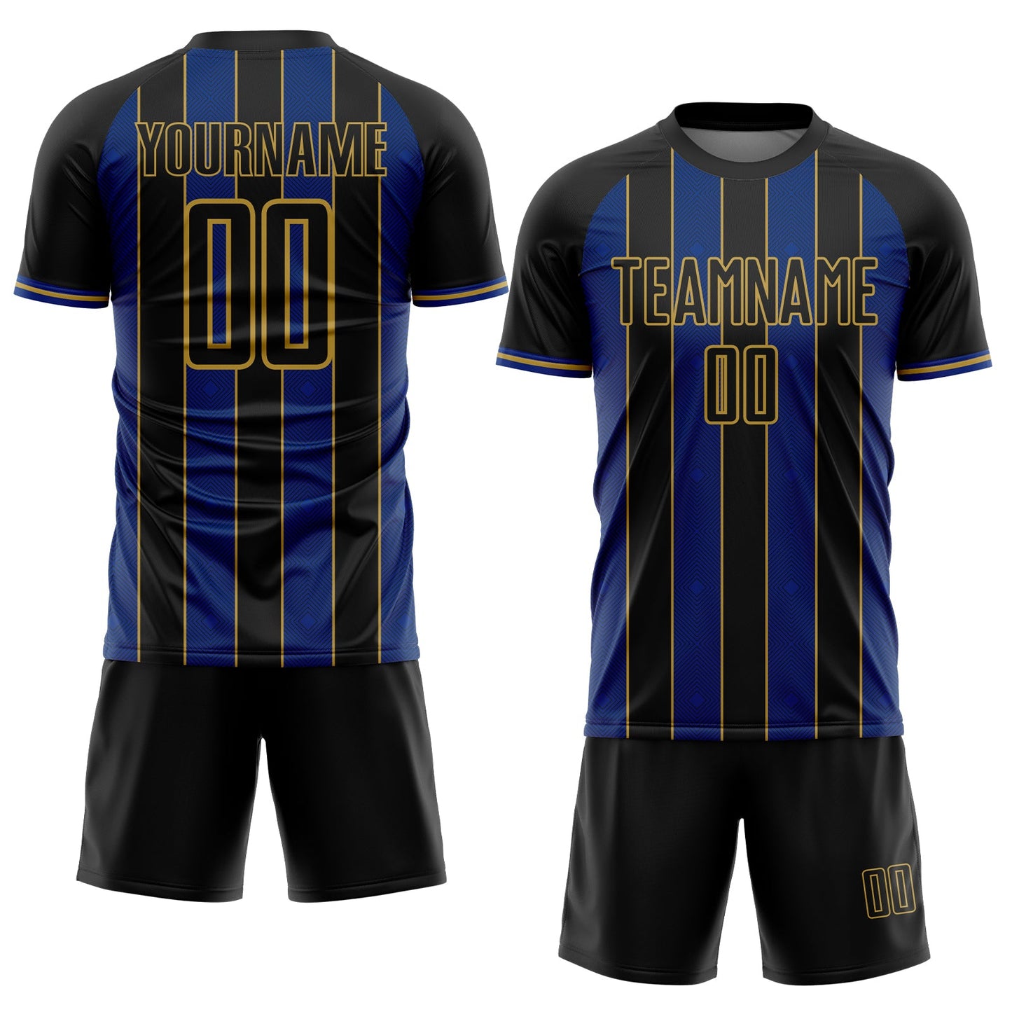Custom Black Royal-Old Gold Pinstripe Line Sports Sublimation Soccer Uniform Jersey view 2
