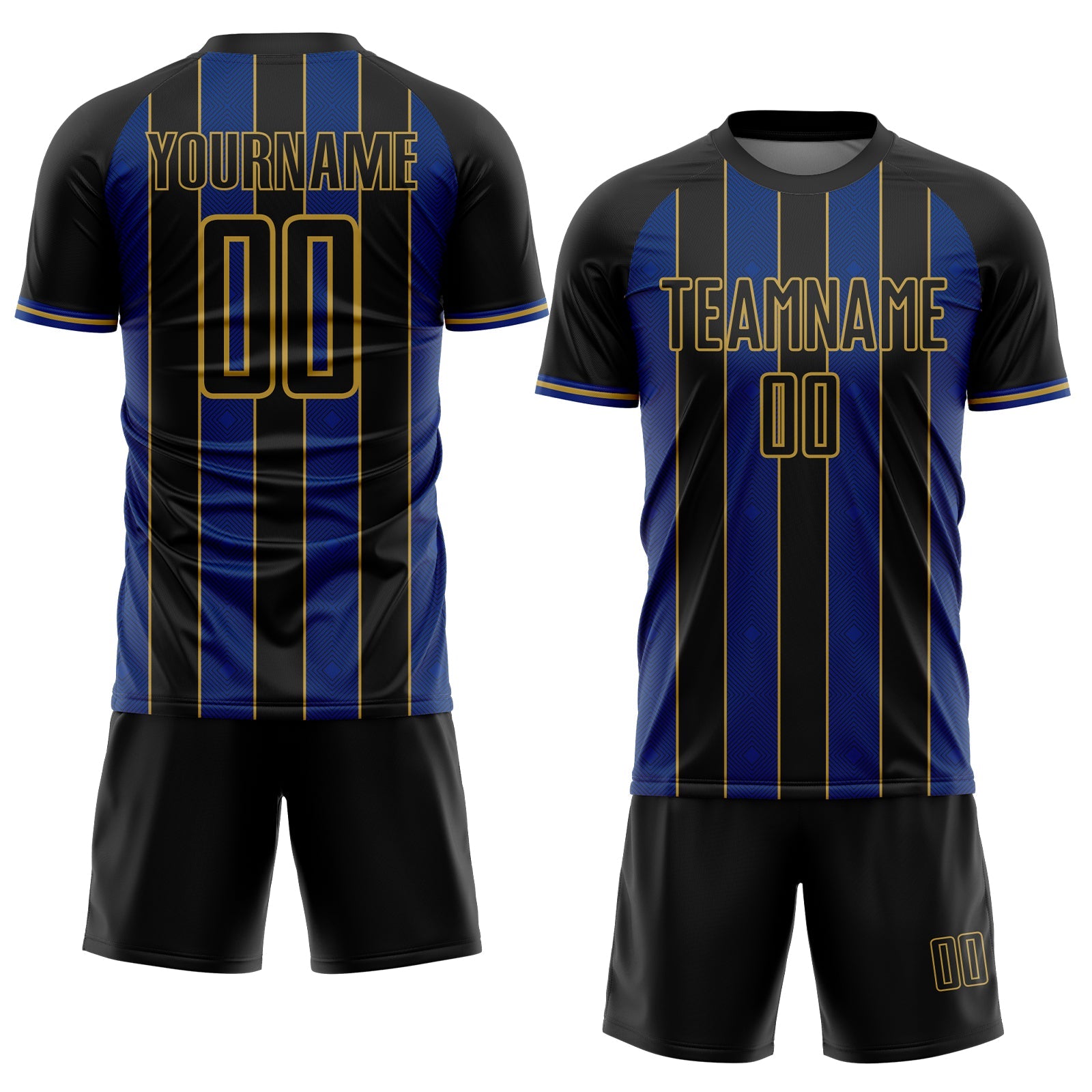 Custom Black Royal-Old Gold Pinstripe Line Sports Sublimation Soccer Uniform Jersey view 2