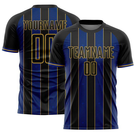 Custom Black Royal-Old Gold Pinstripe Line Sports Sublimation Soccer Uniform Jersey - Main View