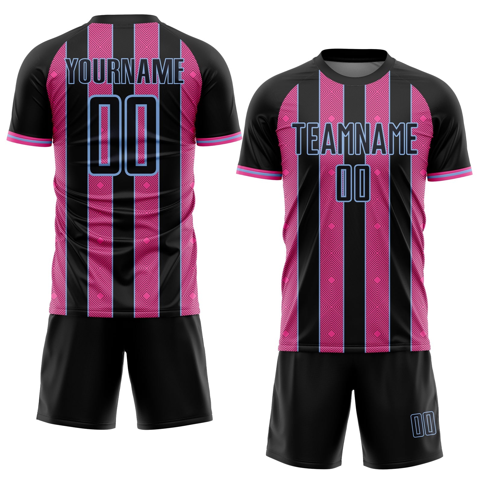 Custom Black Pink-Light Blue Pinstripe Line Sports Sublimation Soccer Uniform Jersey view 2