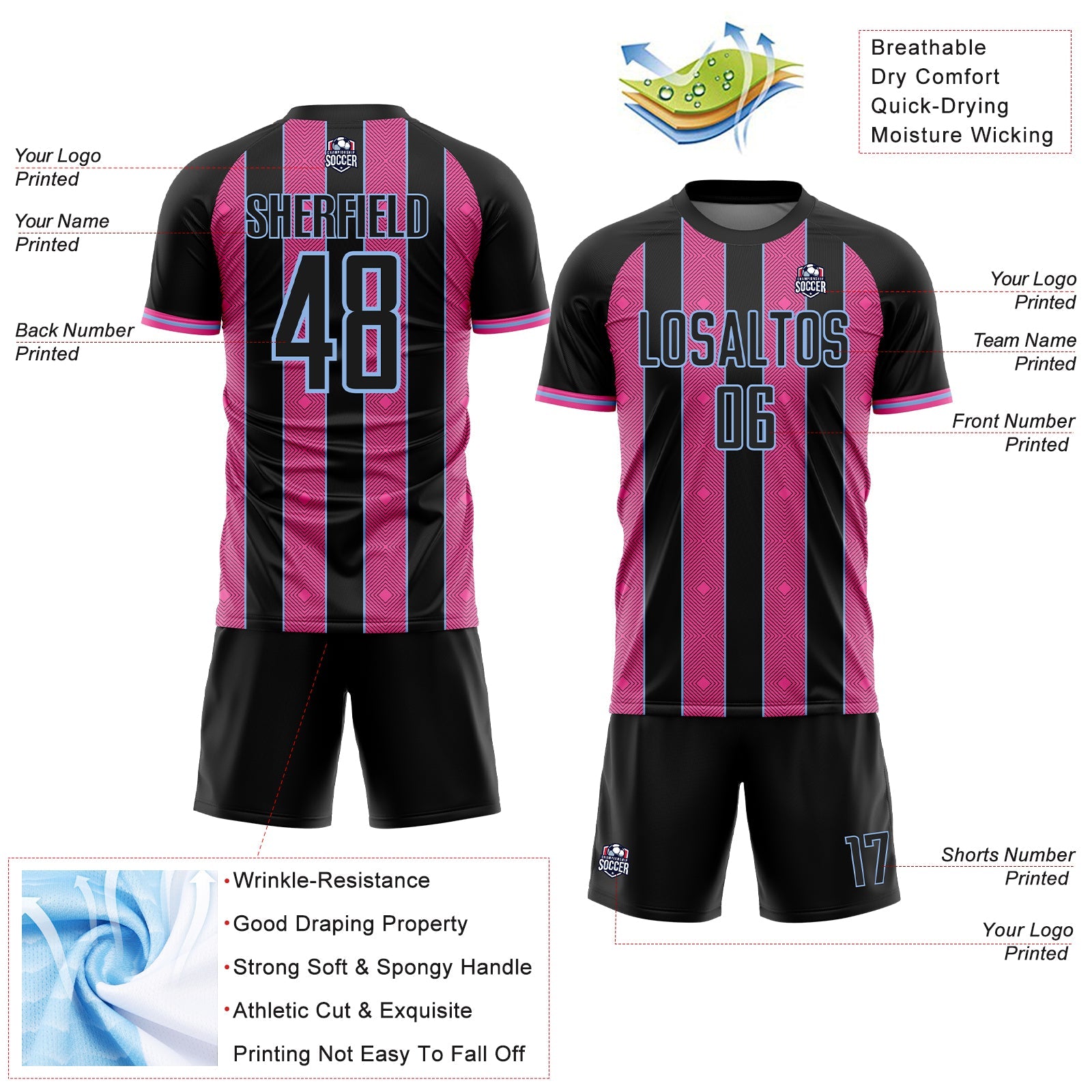 Custom Black Pink-Light Blue Pinstripe Line Sports Sublimation Soccer Uniform Jersey view 4