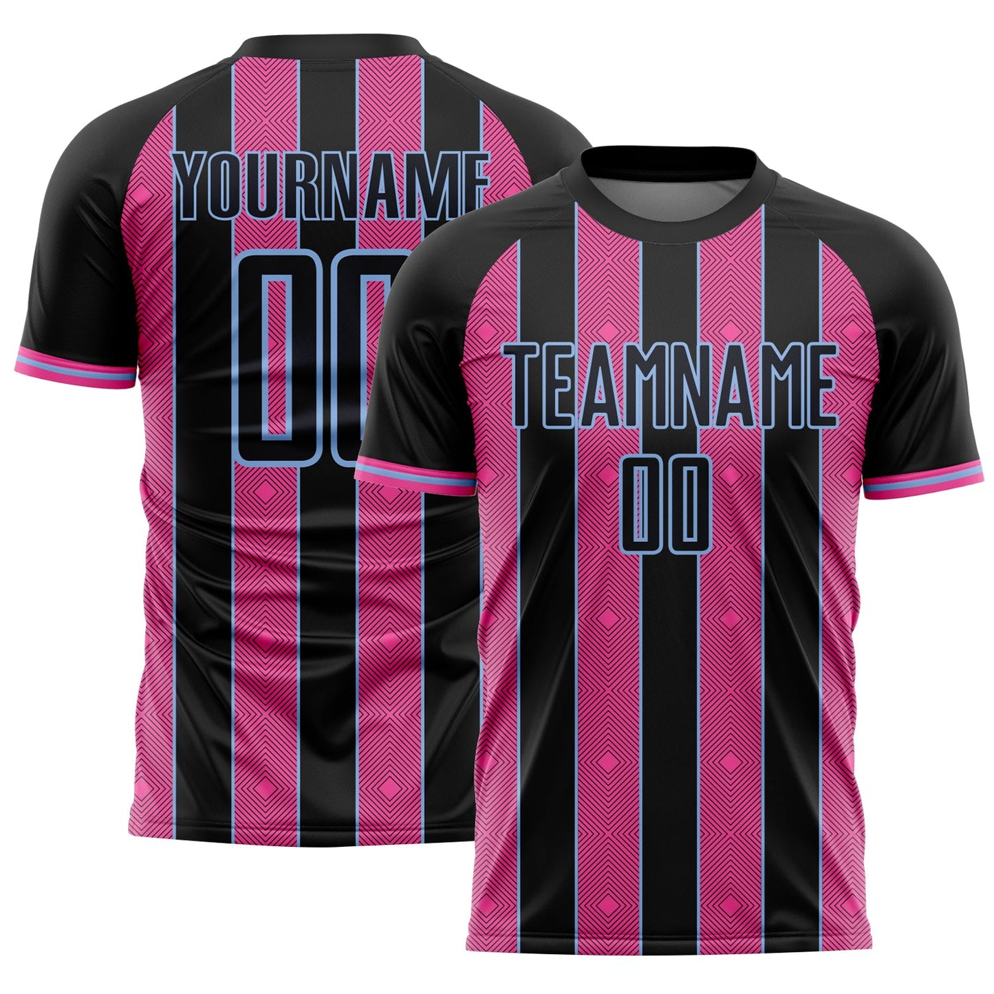 Custom Black Pink-Light Blue Pinstripe Line Sports Sublimation Soccer Uniform Jersey - Main View