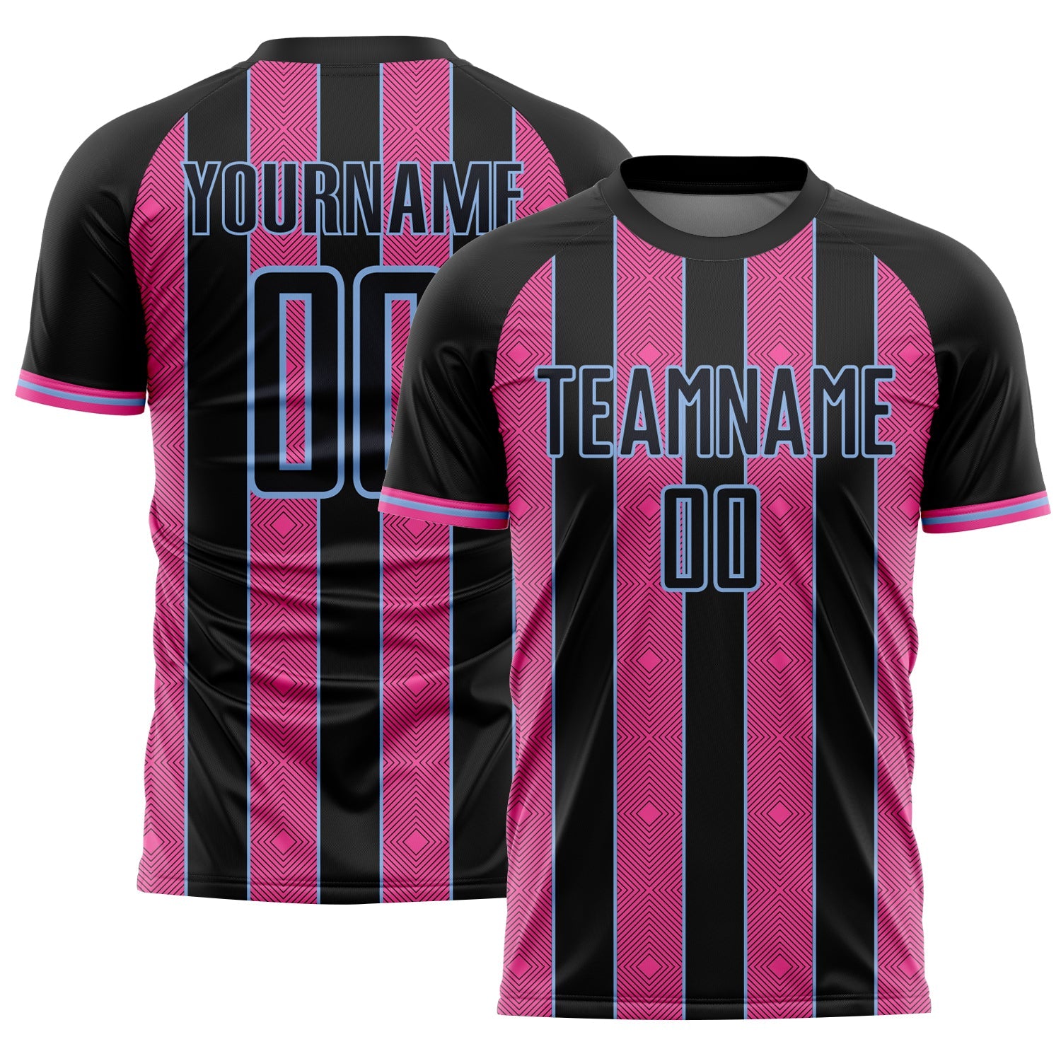 Custom Black Pink-Light Blue Pinstripe Line Sports Sublimation Soccer Uniform Jersey - Main View