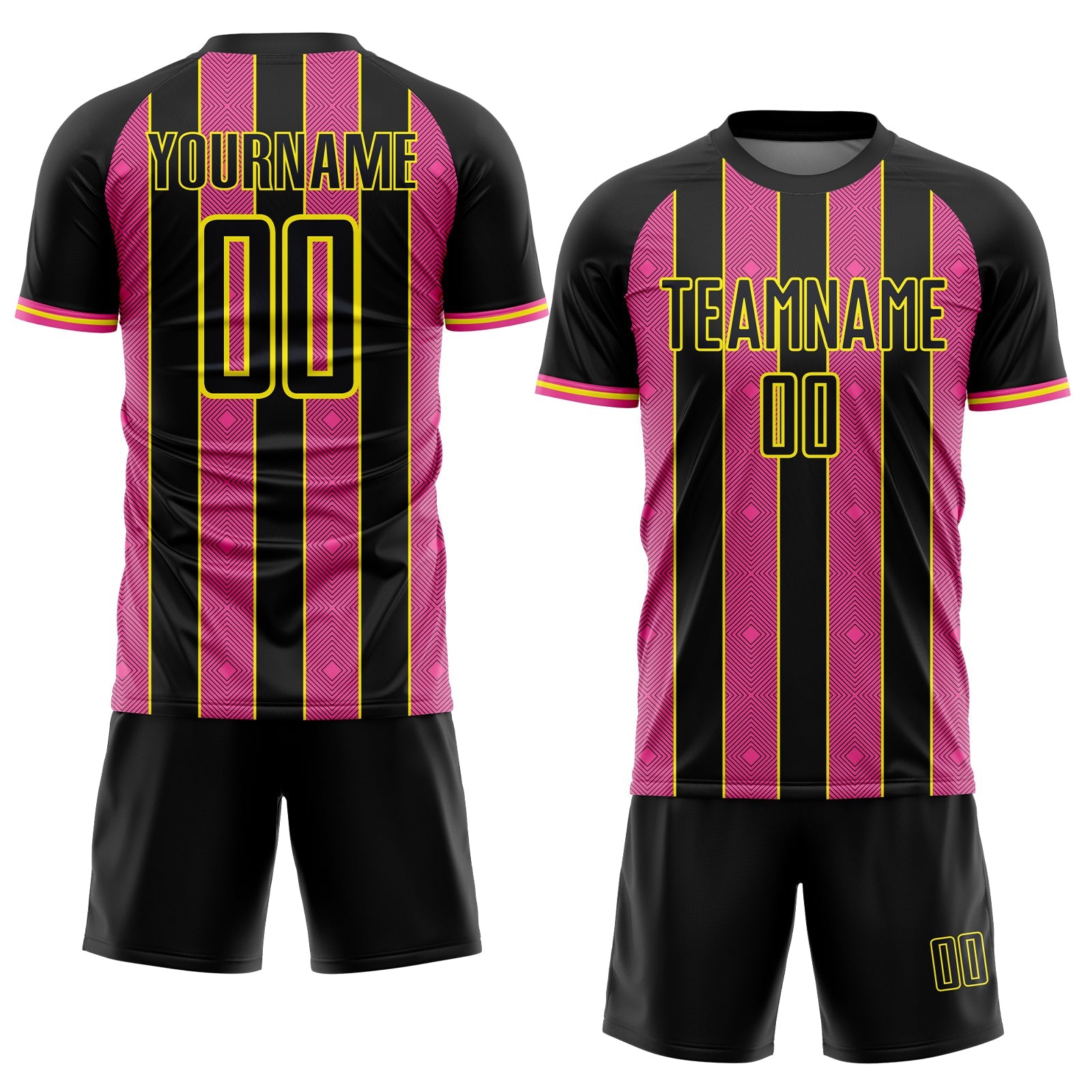Custom Black Pink-Light Yellow Pinstripe Line Sports Sublimation Soccer Uniform Jersey view 2