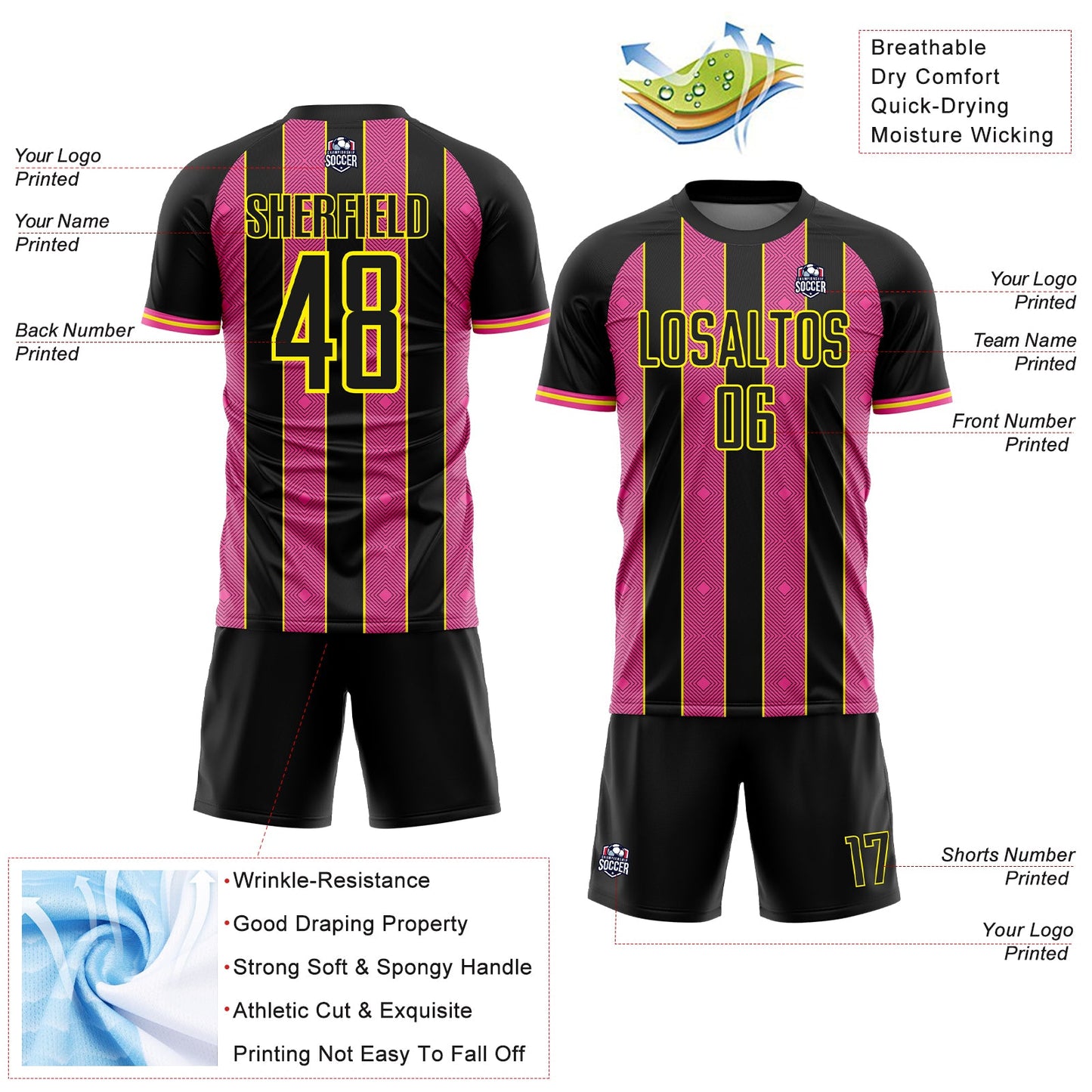 Custom Black Pink-Light Yellow Pinstripe Line Sports Sublimation Soccer Uniform Jersey view 4