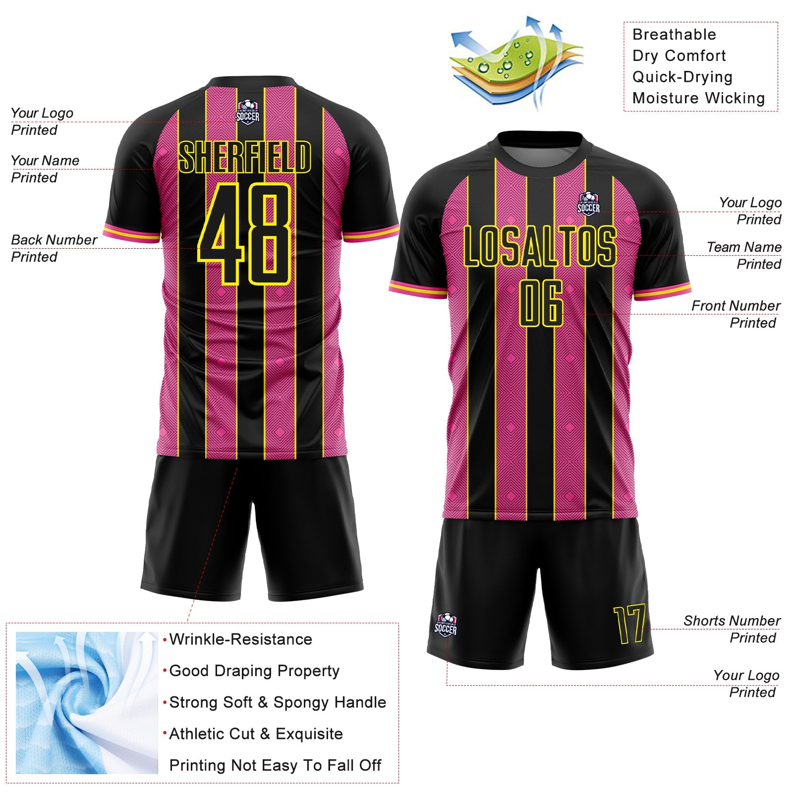 Custom Black Pink-Light Yellow Pinstripe Line Sports Sublimation Soccer Uniform Jersey view 4