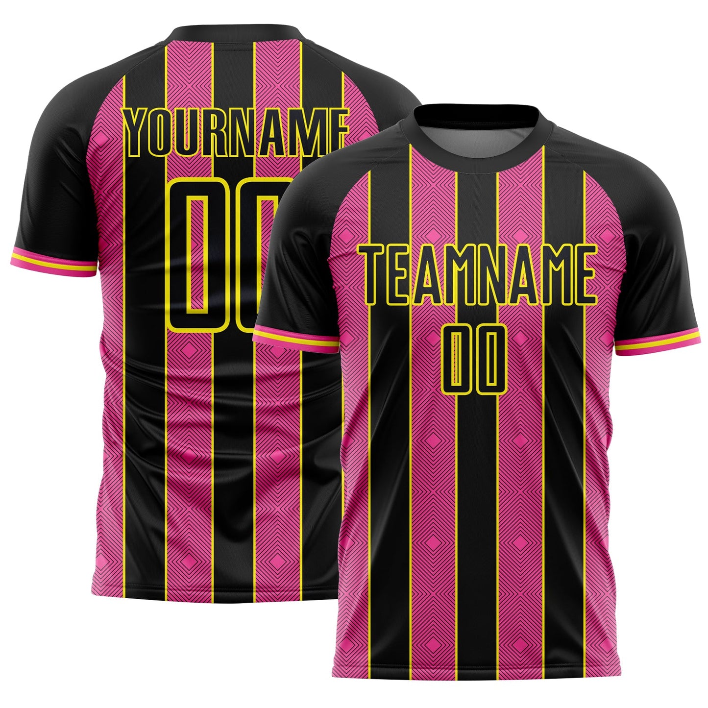 Custom Black Pink-Light Yellow Pinstripe Line Sports Sublimation Soccer Uniform Jersey - Main View