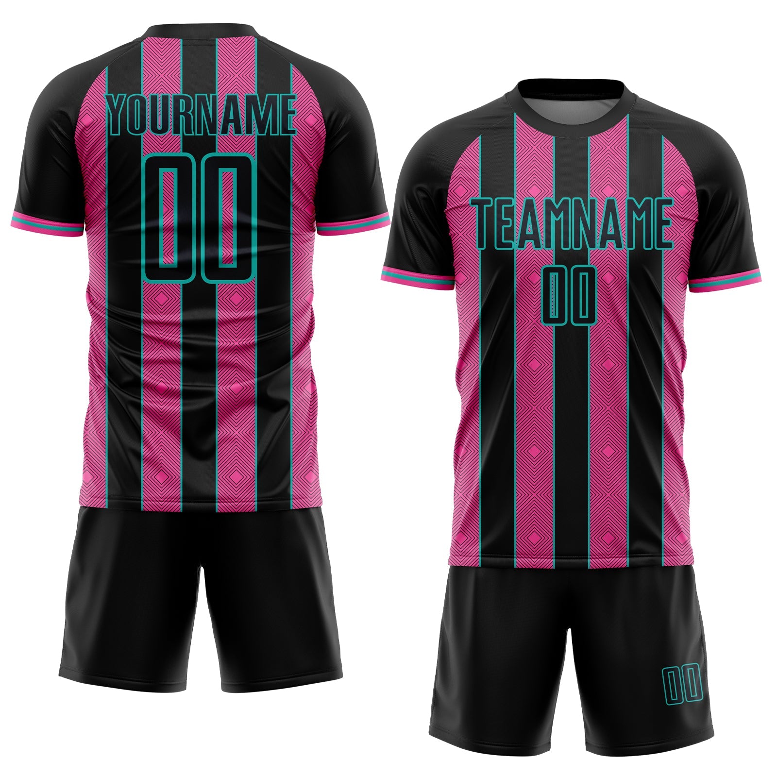 Custom Black Pink-Aqua Pinstripe Line Sports Sublimation Soccer Uniform Jersey view 2