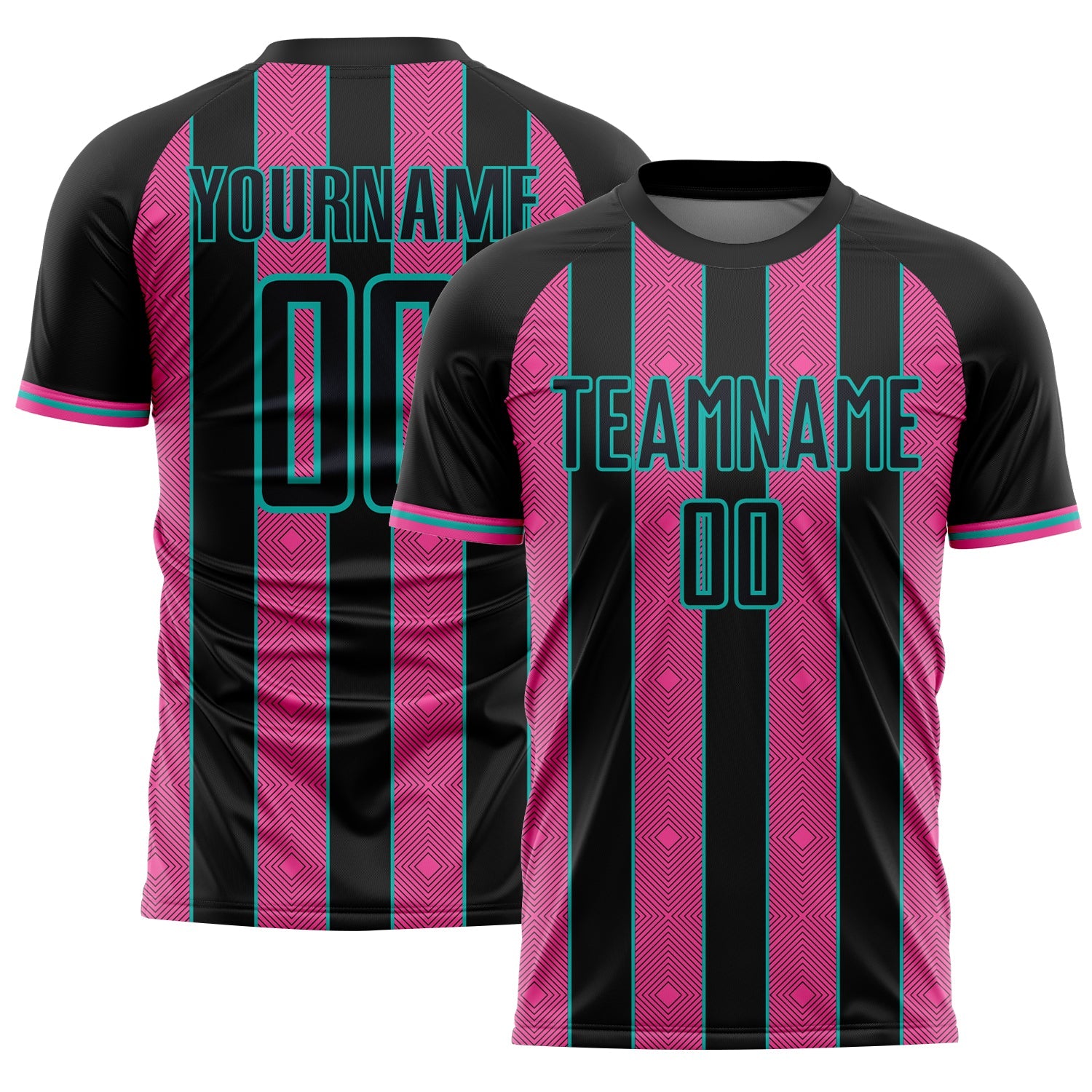 Custom Black Pink-Aqua Pinstripe Line Sports Sublimation Soccer Uniform Jersey - Main View