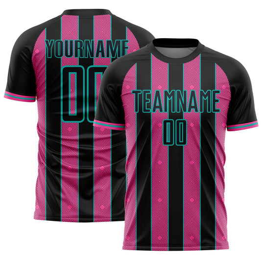 Custom Black Pink-Aqua Pinstripe Line Sports Sublimation Soccer Uniform Jersey - Main View