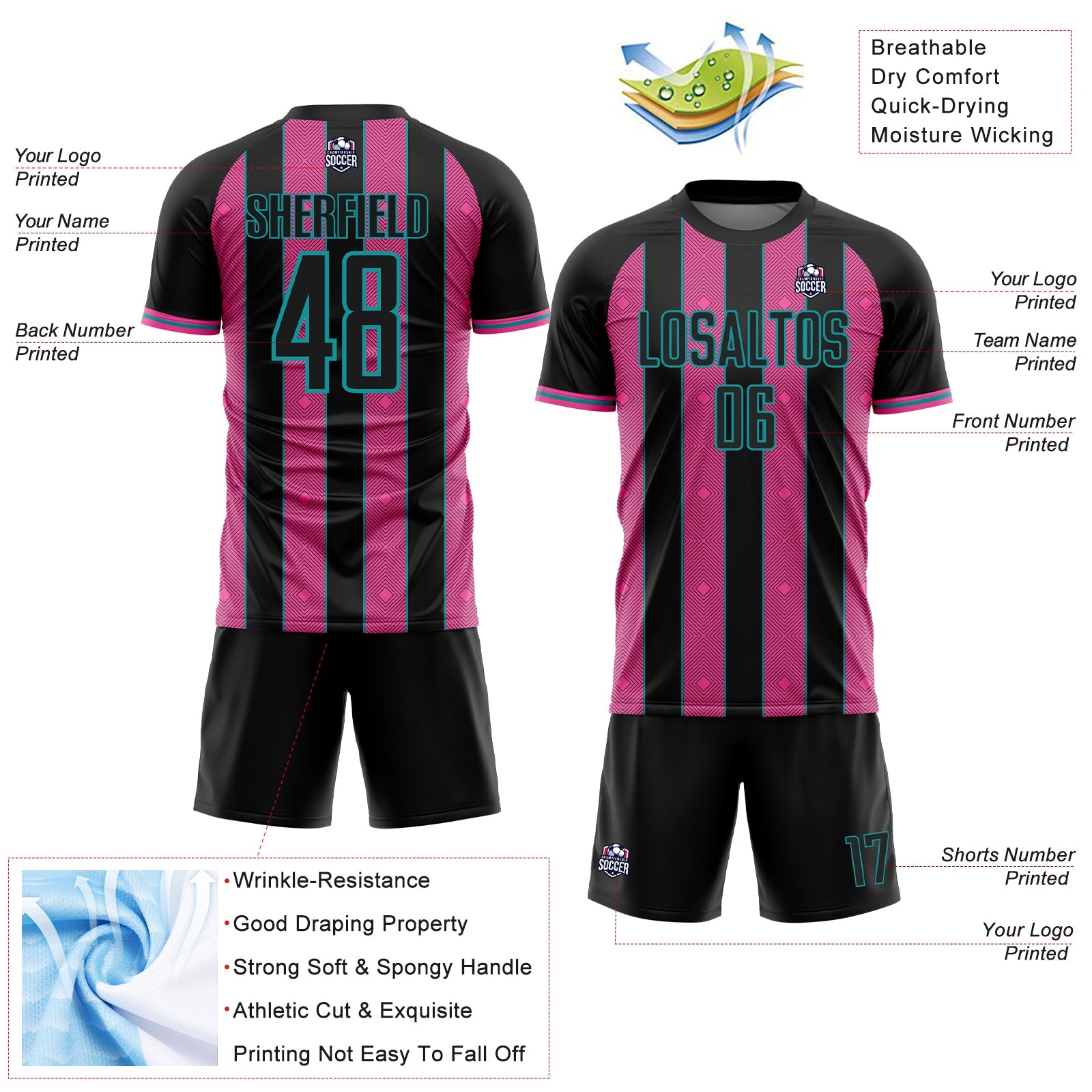 Custom Black Pink-Teal Pinstripe Line Sports Sublimation Soccer Uniform Jersey view 4