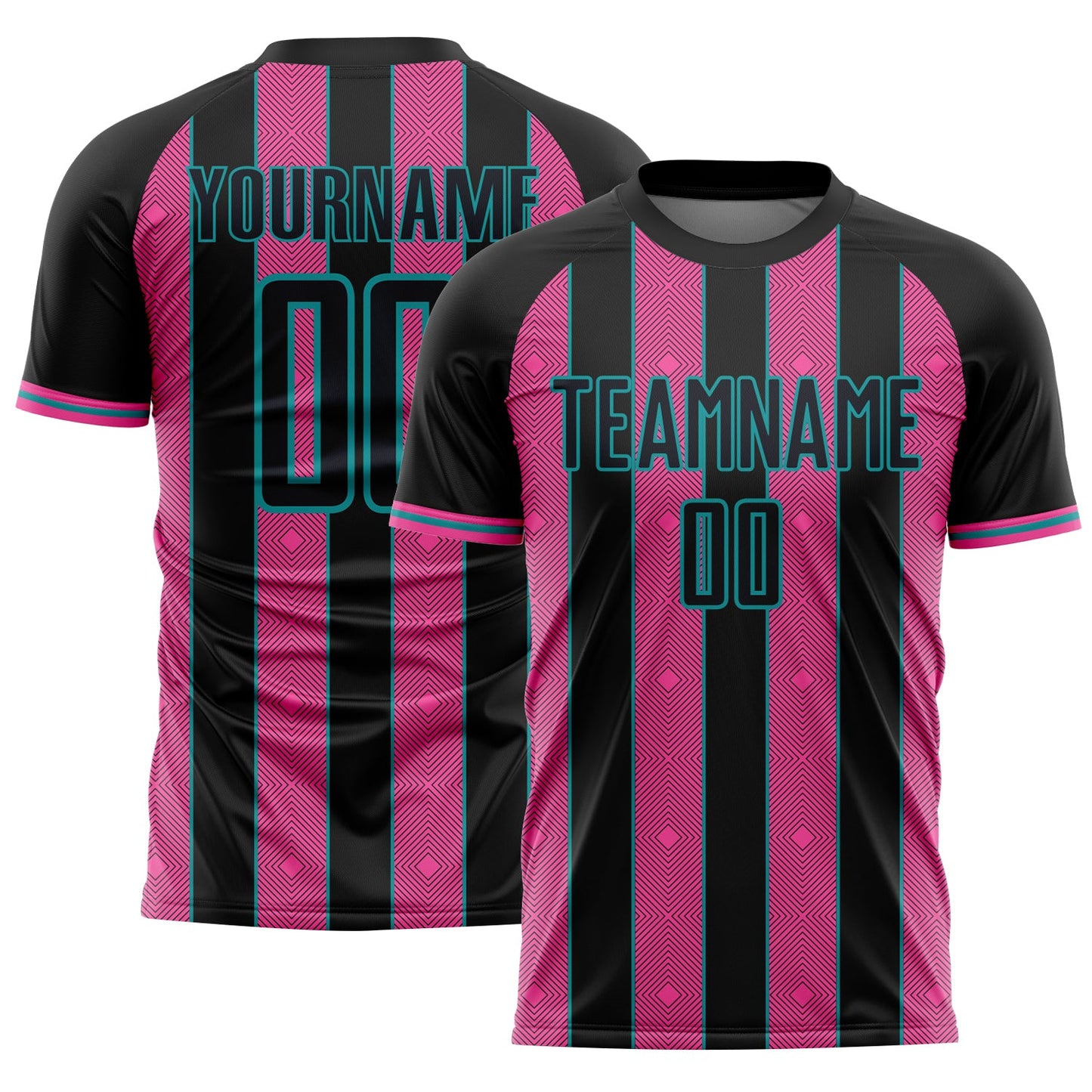 Custom Black Pink-Teal Pinstripe Line Sports Sublimation Soccer Uniform Jersey - Main View