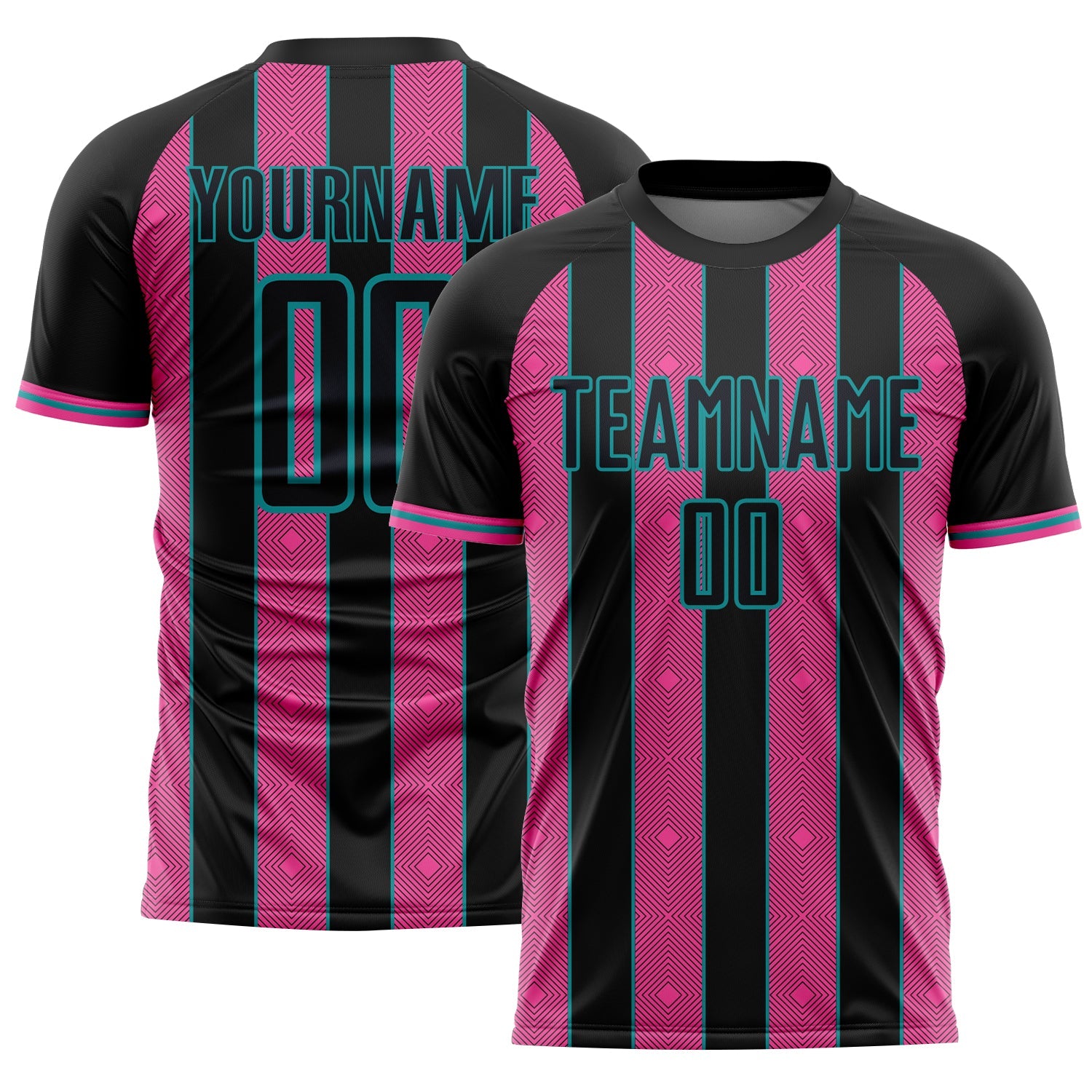 Custom Black Pink-Teal Pinstripe Line Sports Sublimation Soccer Uniform Jersey - Main View