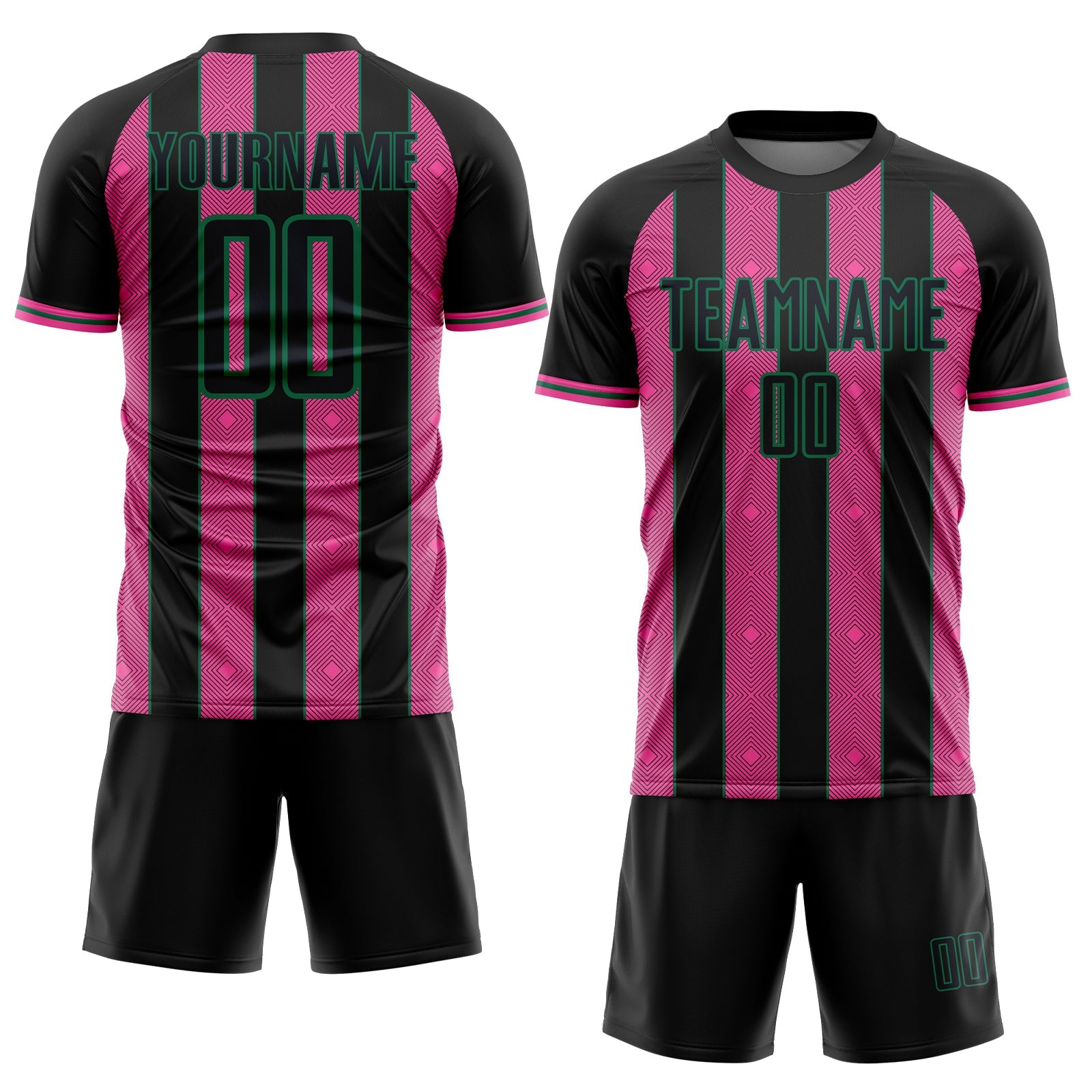 Custom Black Pink-Kelly Green Pinstripe Line Sports Sublimation Soccer Uniform Jersey view 2