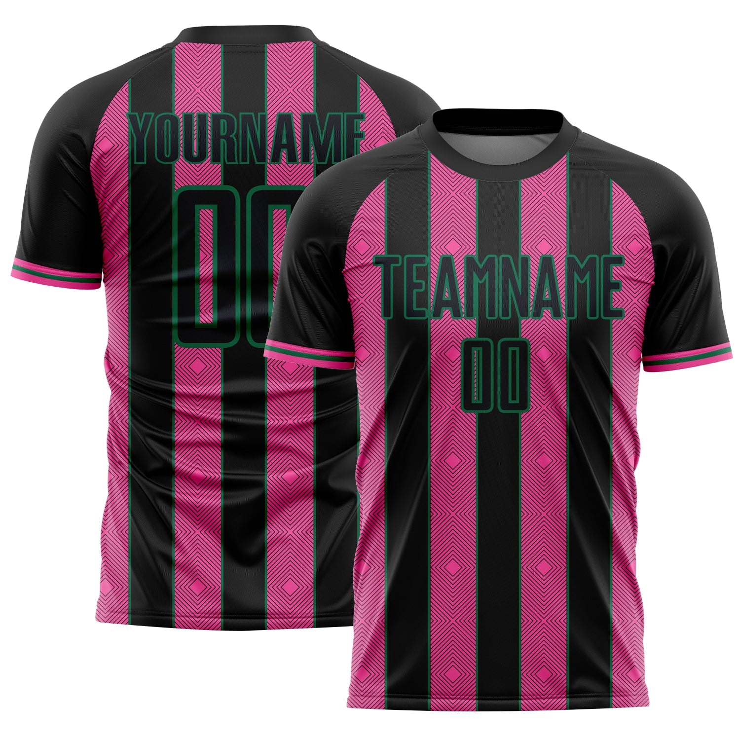 Custom Black Pink-Kelly Green Pinstripe Line Sports Sublimation Soccer Uniform Jersey - Main View