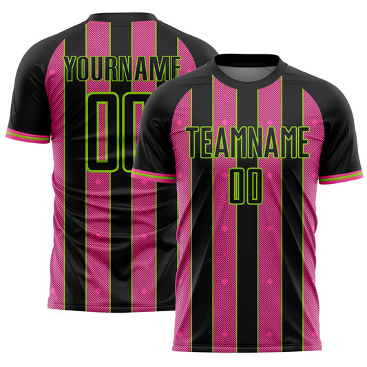 Custom Black Pink-Neon Green Pinstripe Line Sports Sublimation Soccer Uniform Jersey - Main View