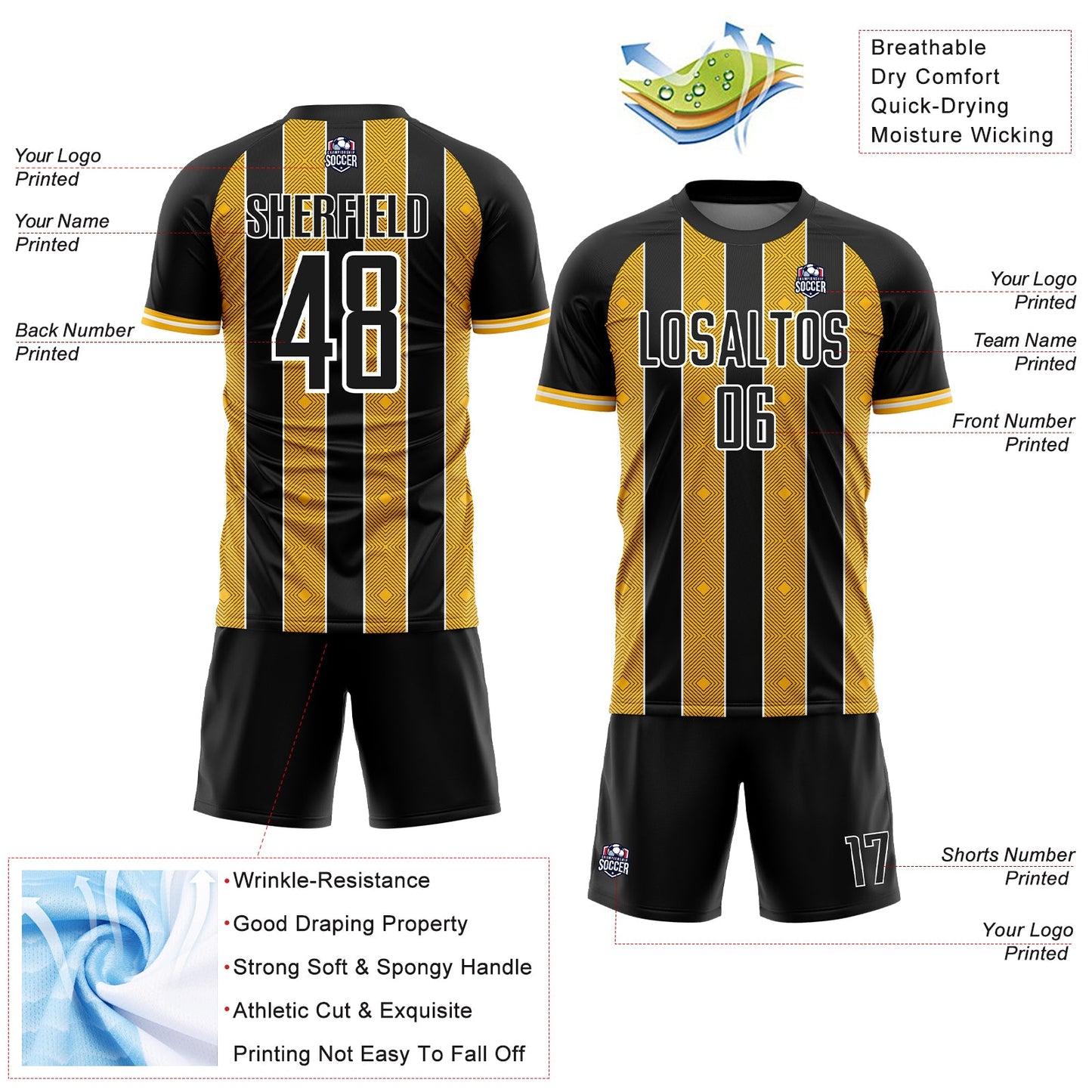 Custom Black Gold-White Pinstripe Line Sports Sublimation Soccer Uniform Jersey view 4