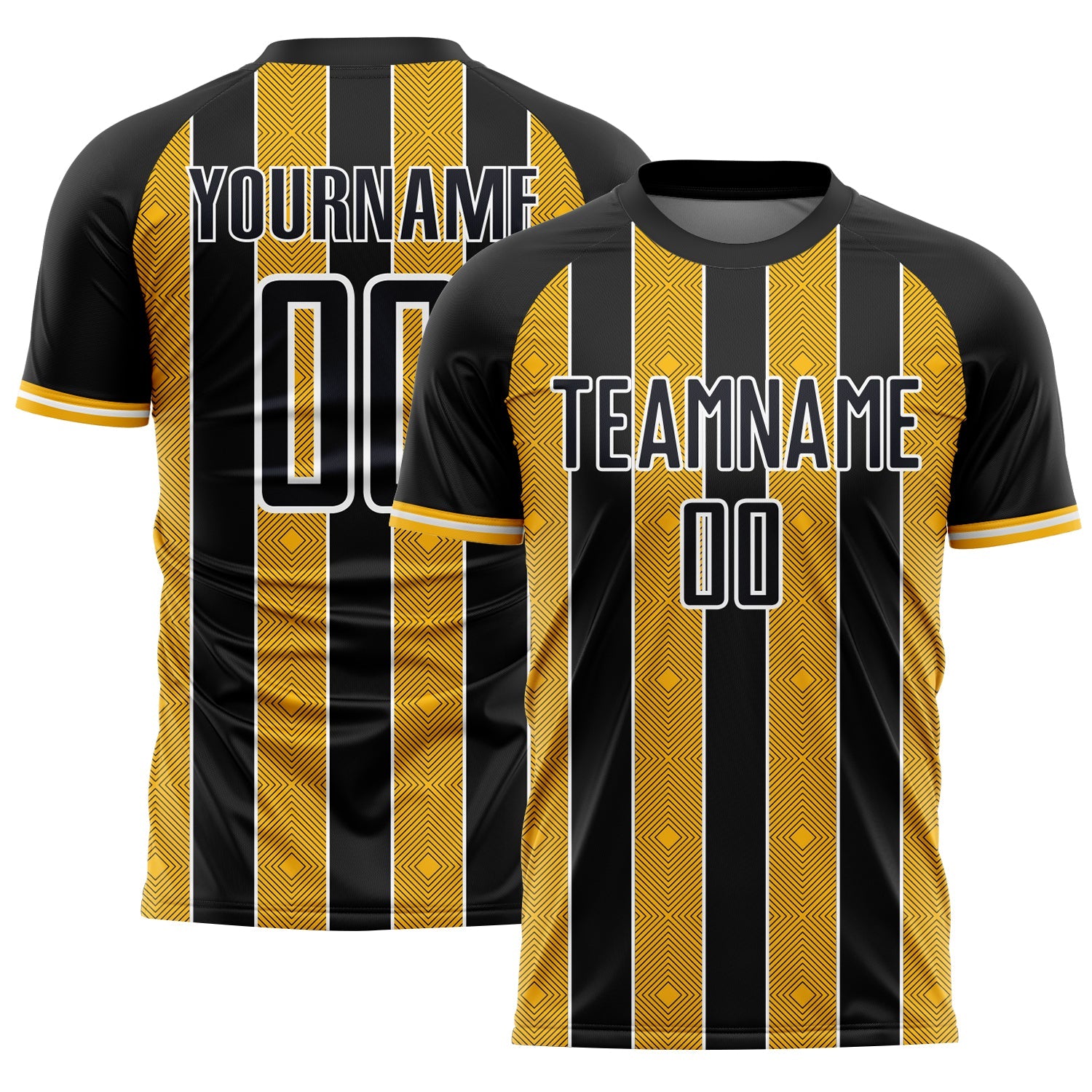 Custom Black Gold-White Pinstripe Line Sports Sublimation Soccer Uniform Jersey - Main View