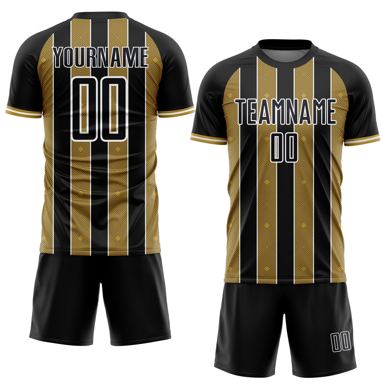 Custom Black Old Gold-White Pinstripe Line Sports Sublimation Soccer Uniform Jersey view 2