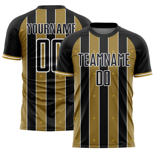 Custom Black Old Gold-White Pinstripe Line Sports Sublimation Soccer Uniform Jersey - Main View