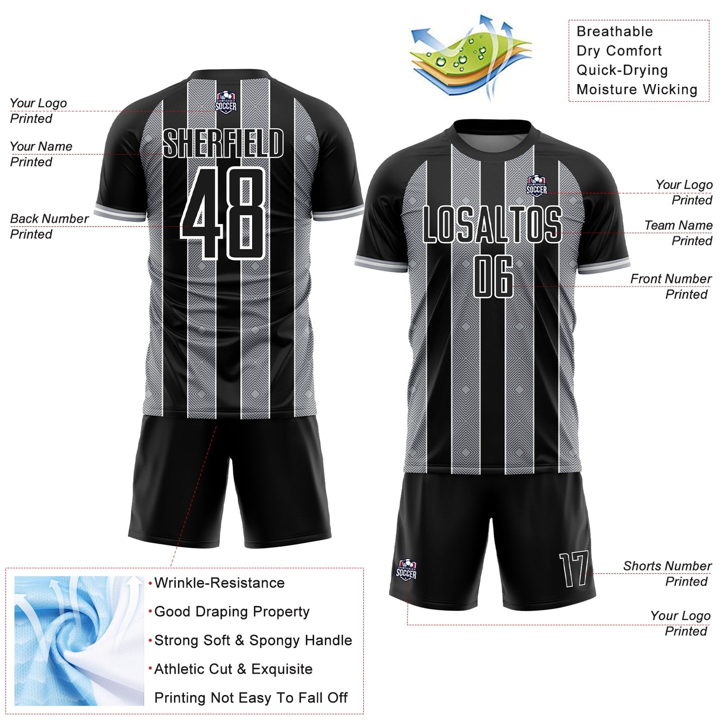 Custom Black Gray-White Pinstripe Line Sports Sublimation Soccer Uniform Jersey view 4