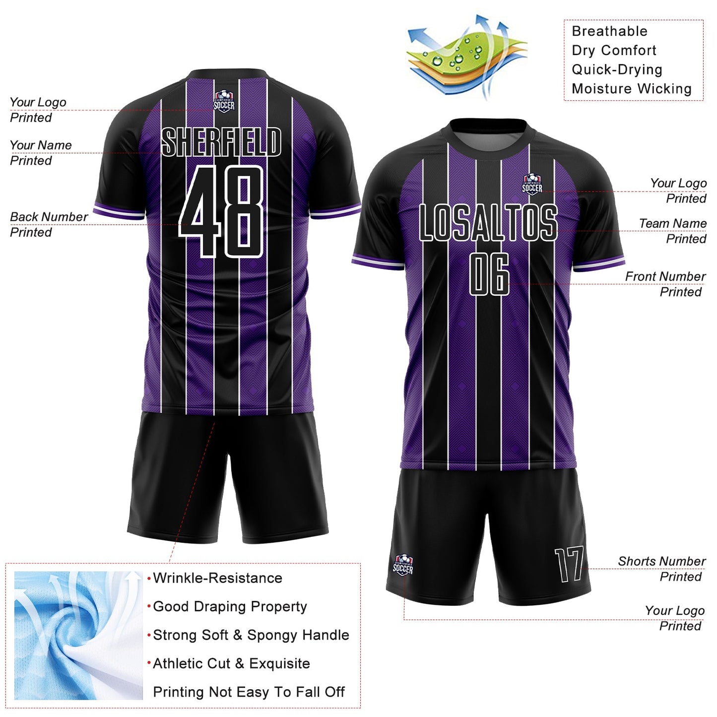 Custom Black Purple-White Pinstripe Line Sports Sublimation Soccer Uniform Jersey view 4