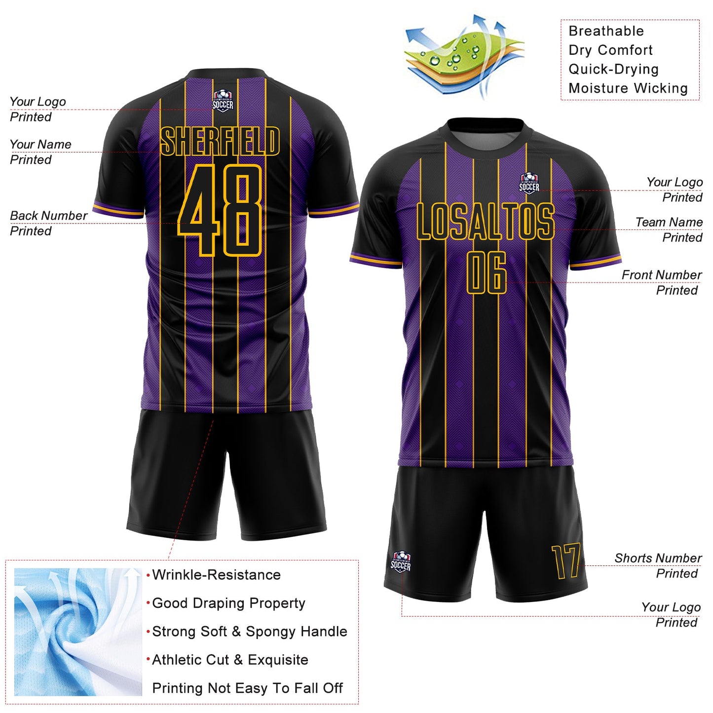 Custom Black Purple-Gold Pinstripe Line Sports Sublimation Soccer Uniform Jersey view 4