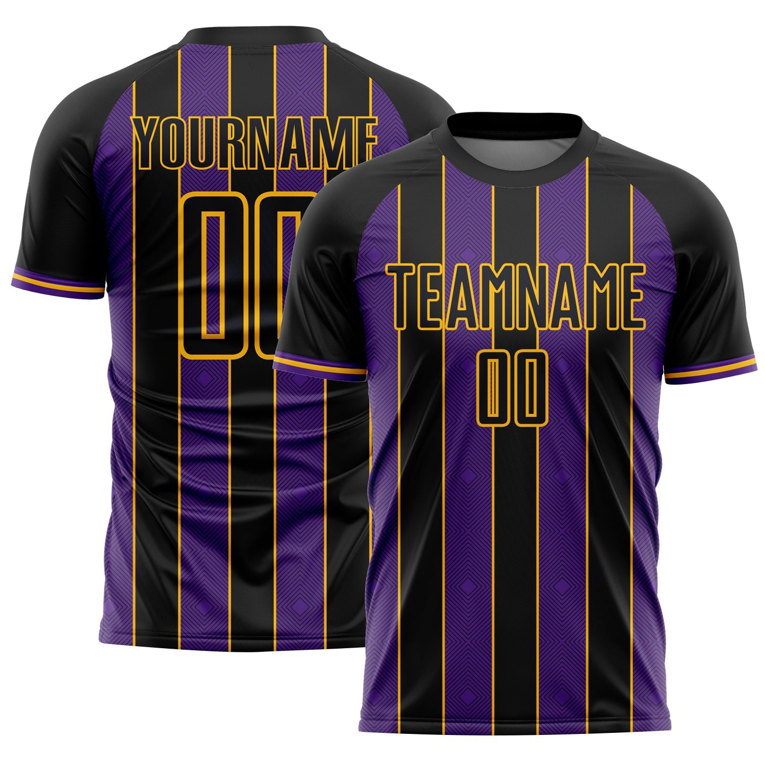 Custom Black Purple-Gold Pinstripe Line Sports Sublimation Soccer Uniform Jersey - Main View