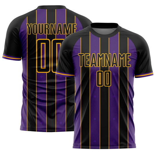 Custom Black Purple-Gold Pinstripe Line Sports Sublimation Soccer Uniform Jersey - Main View