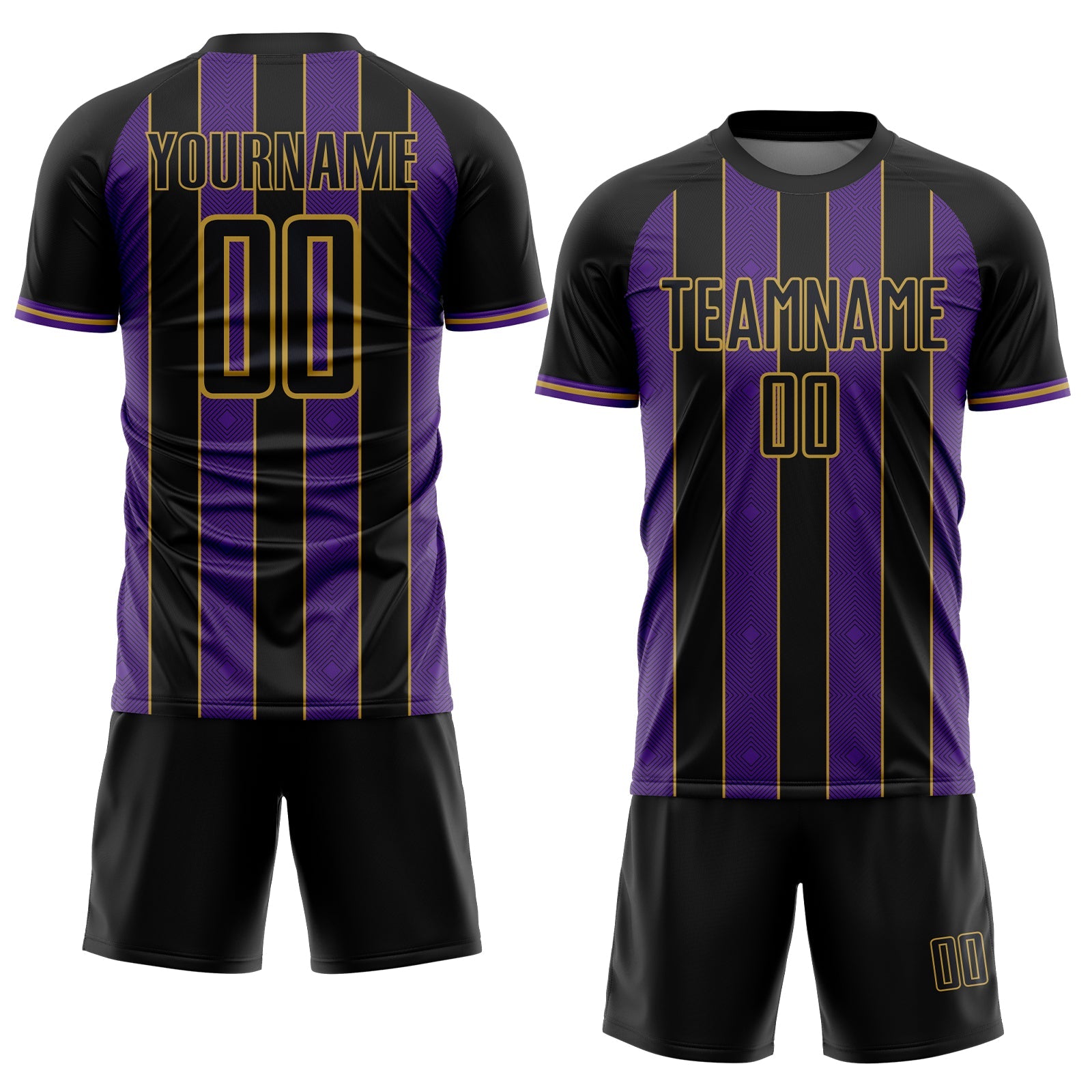 Custom Black Purple-Old Gold Pinstripe Line Sports Sublimation Soccer Uniform Jersey view 2