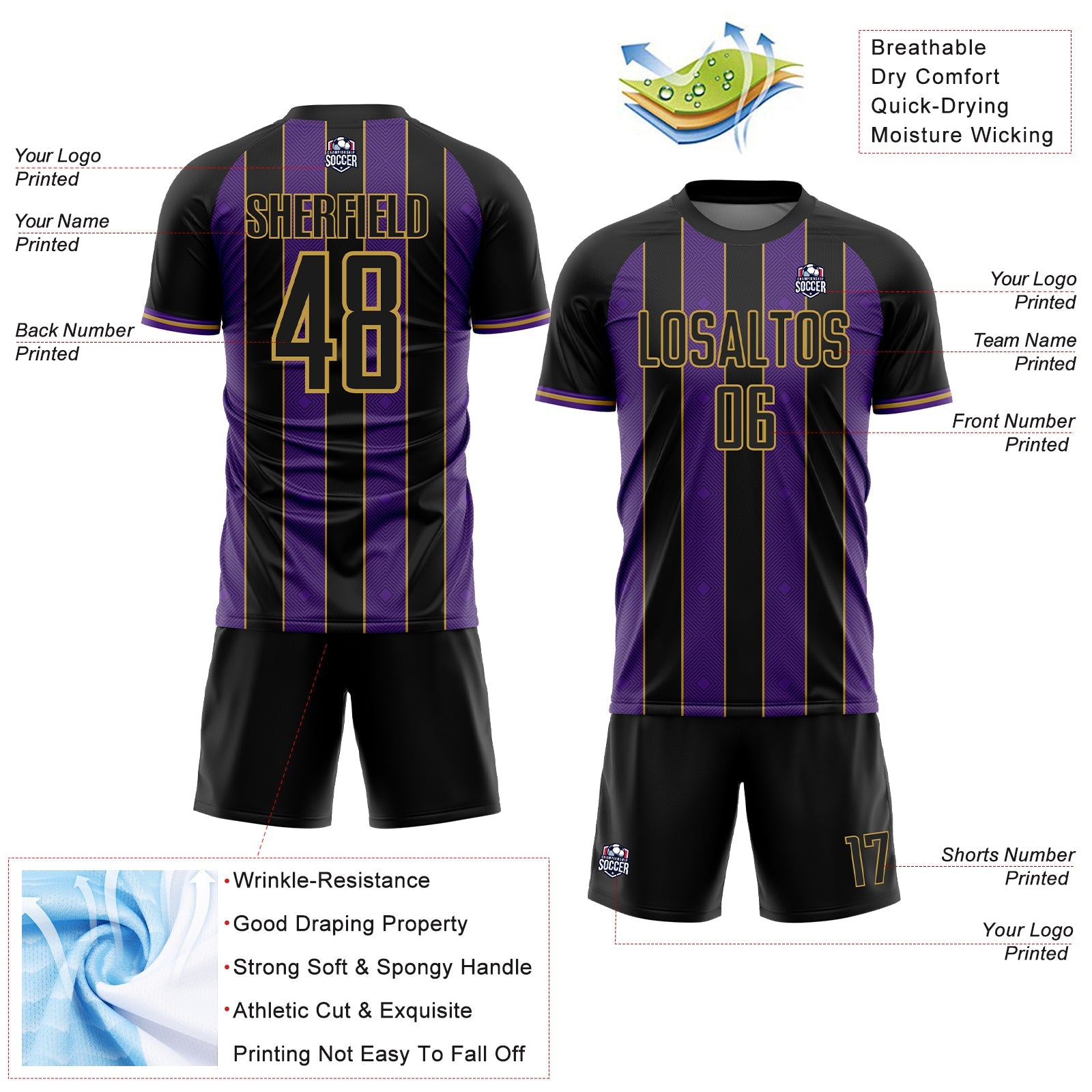 Custom Black Purple-Old Gold Pinstripe Line Sports Sublimation Soccer Uniform Jersey view 4