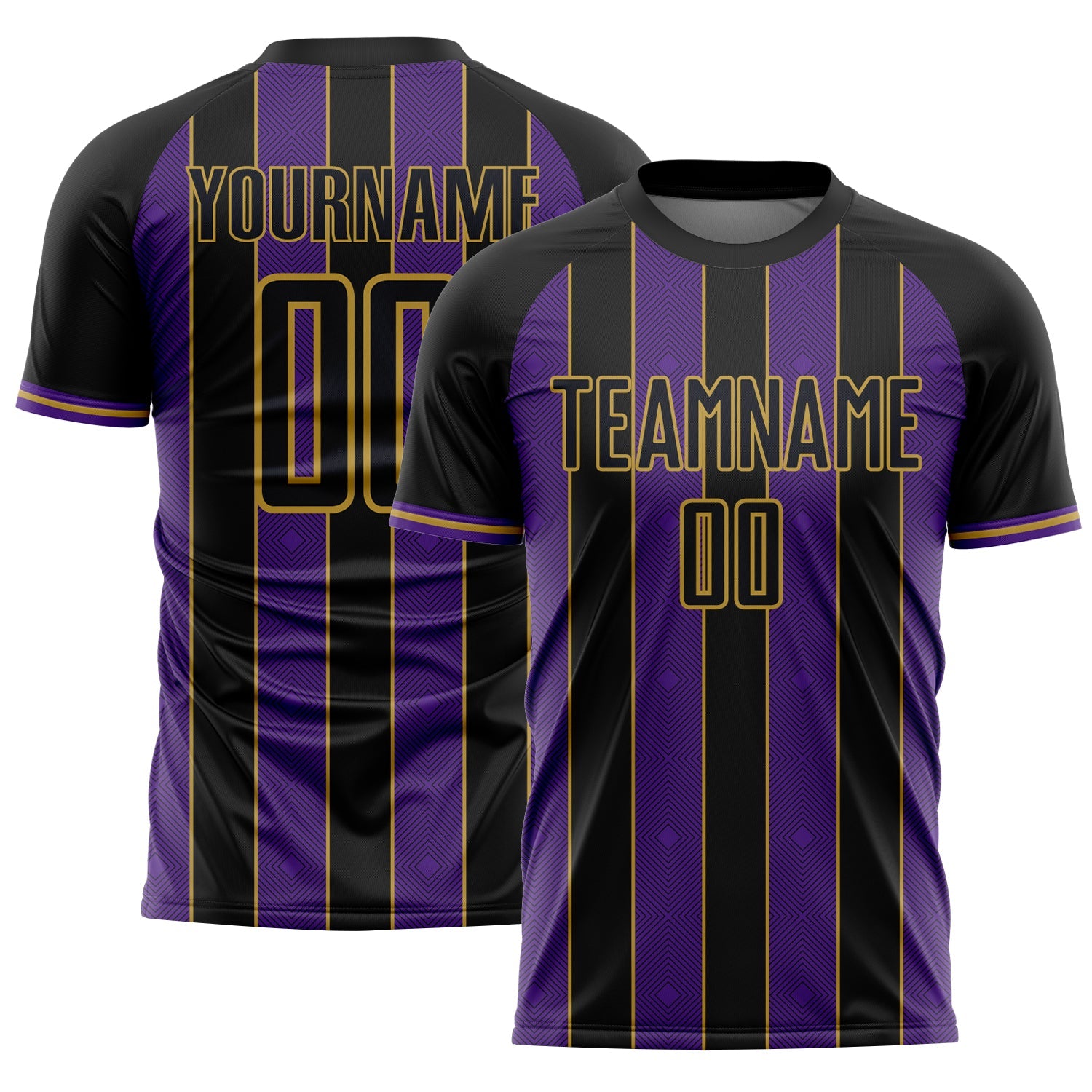 Custom Black Purple-Old Gold Pinstripe Line Sports Sublimation Soccer Uniform Jersey - Main View