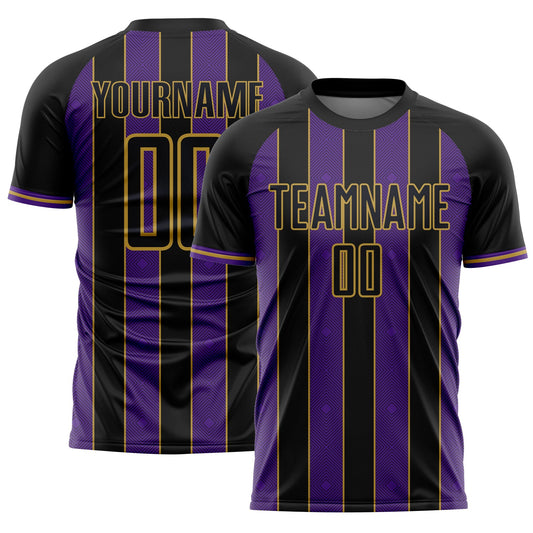 Custom Black Purple-Old Gold Pinstripe Line Sports Sublimation Soccer Uniform Jersey - Main View