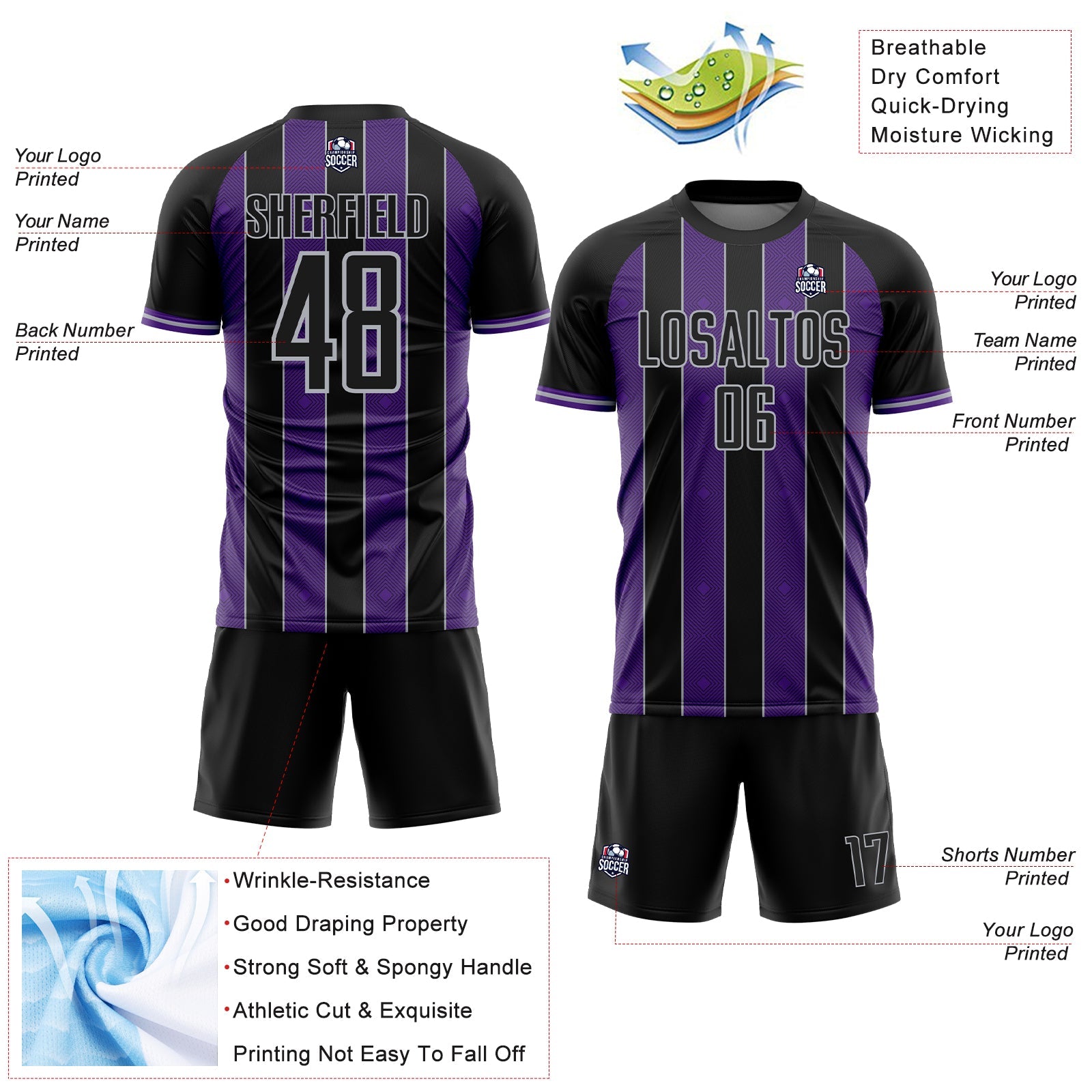 Custom Black Purple-Gray Pinstripe Line Sports Sublimation Soccer Uniform Jersey view 4
