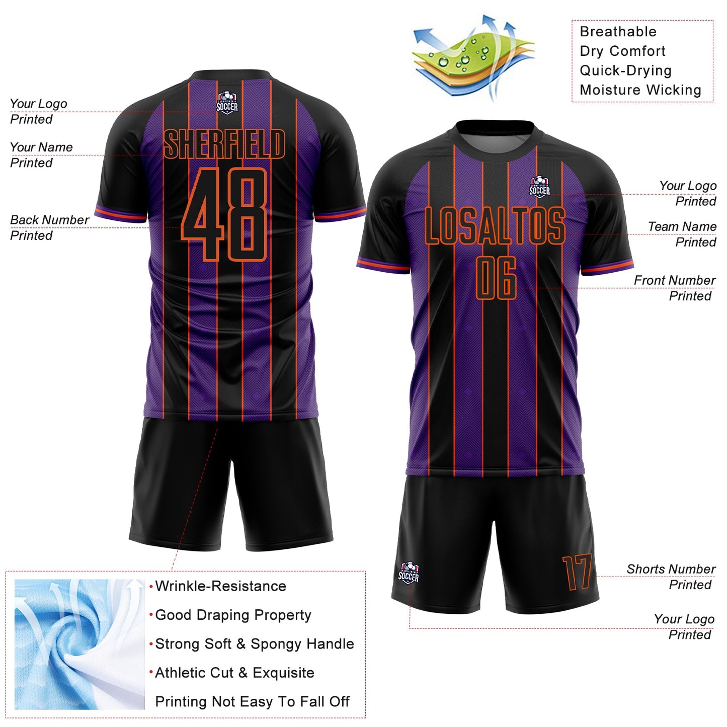 Custom Black Purple-Orange Pinstripe Line Sports Sublimation Soccer Uniform Jersey view 4