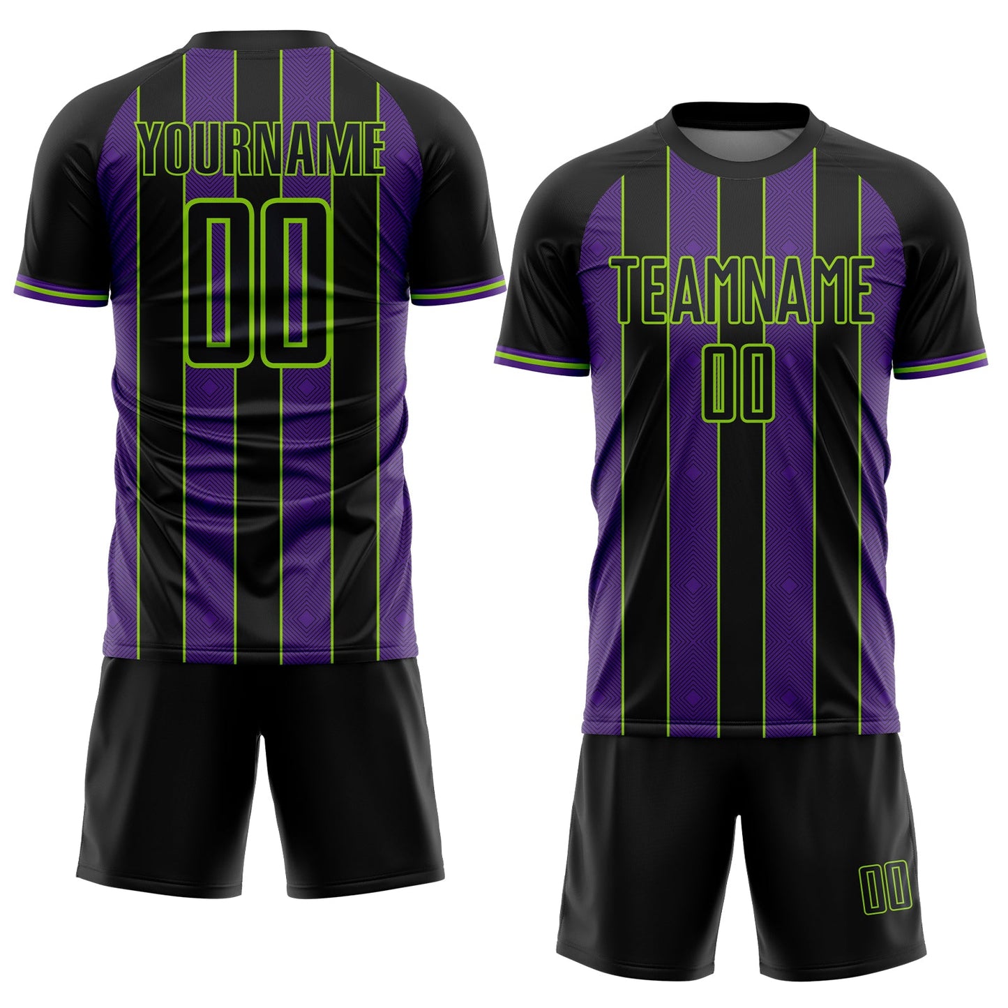 Custom Black Purple-Neon Green Pinstripe Line Sports Sublimation Soccer Uniform Jersey view 2