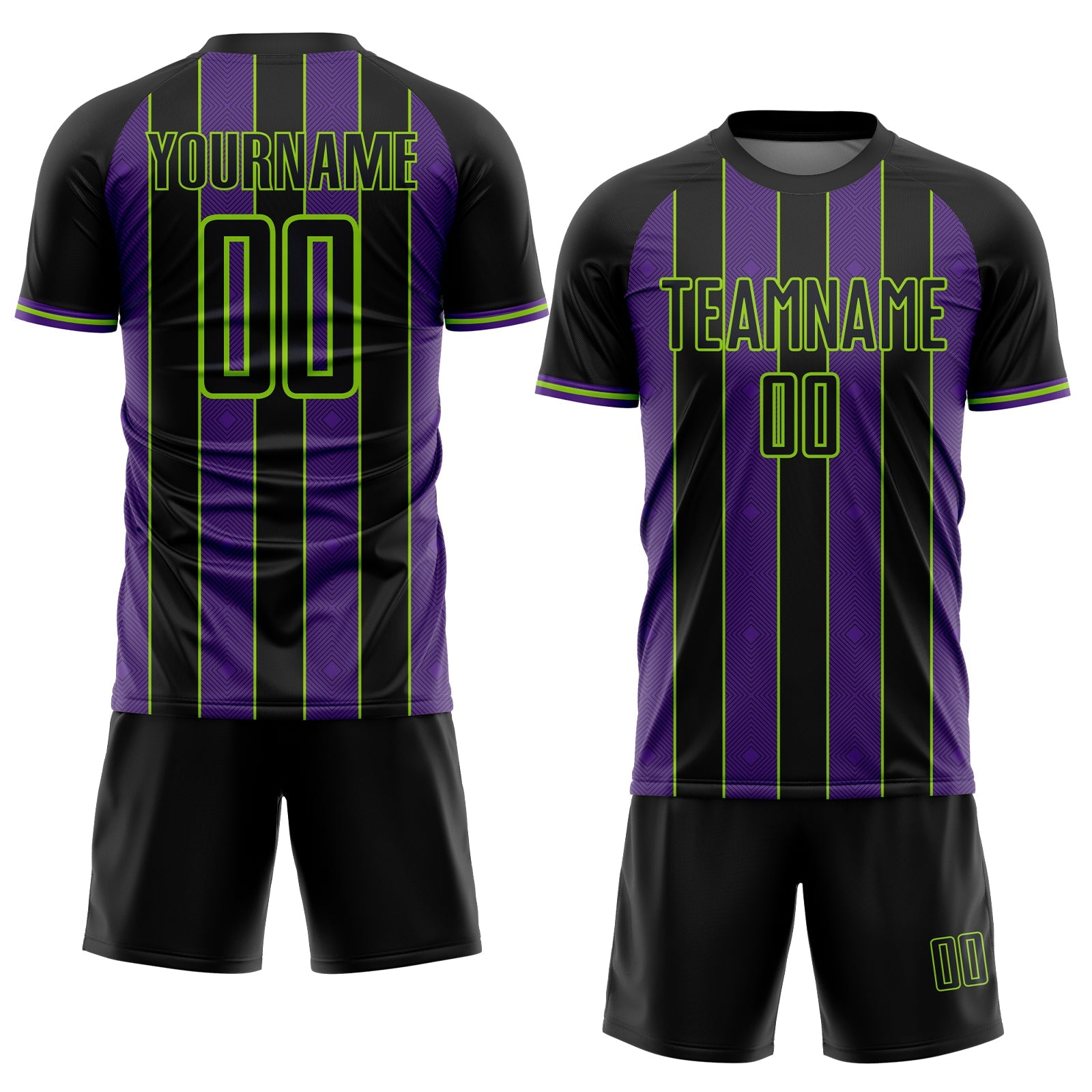 Custom Black Purple-Neon Green Pinstripe Line Sports Sublimation Soccer Uniform Jersey view 2