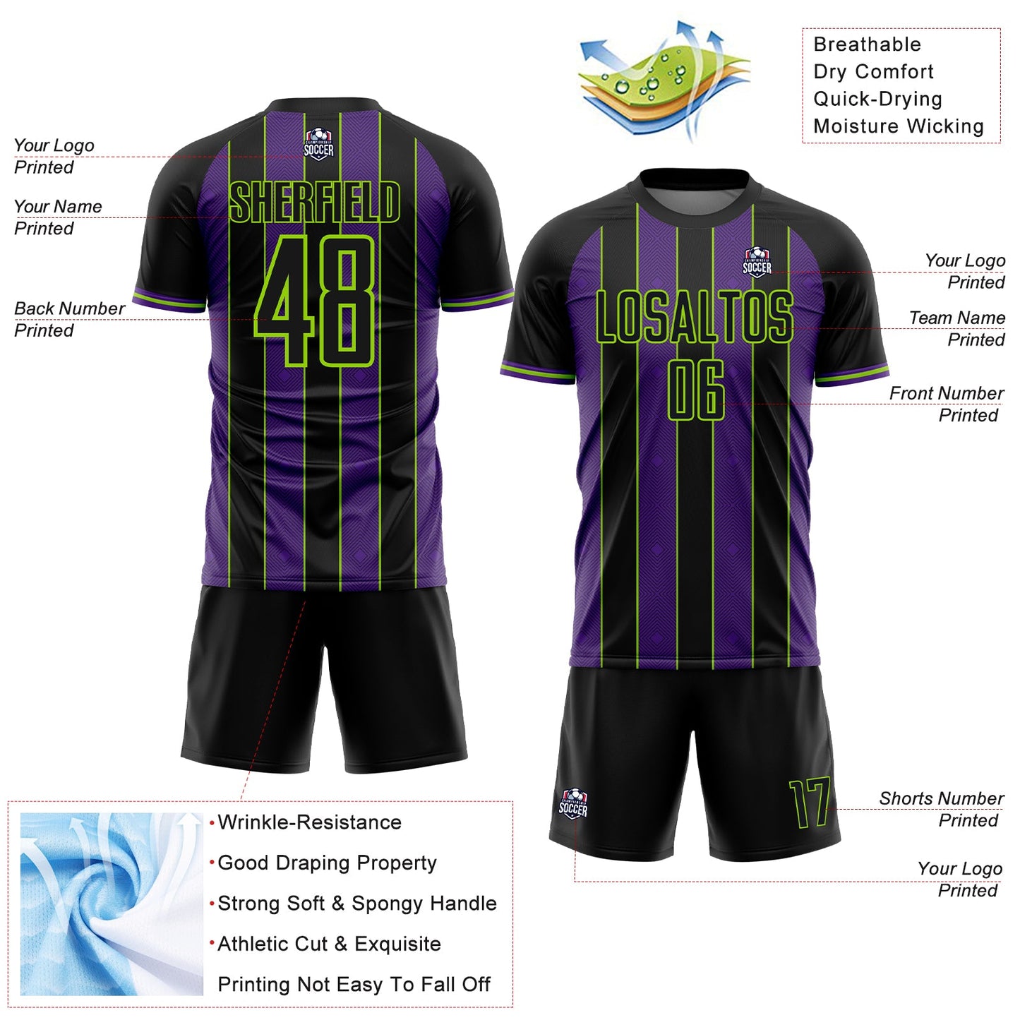 Custom Black Purple-Neon Green Pinstripe Line Sports Sublimation Soccer Uniform Jersey view 4