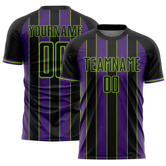 Custom Black Purple-Neon Green Pinstripe Line Sports Sublimation Soccer Uniform Jersey - Main View