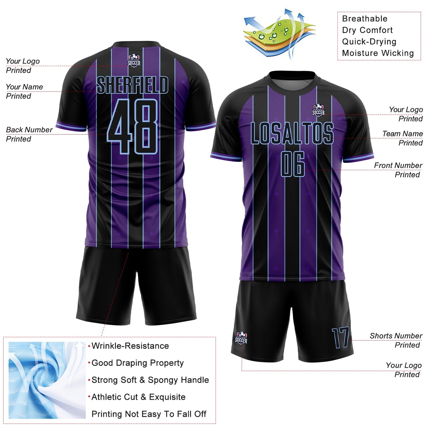 Custom Black Purple-Light Blue Pinstripe Line Sports Sublimation Soccer Uniform Jersey view 4