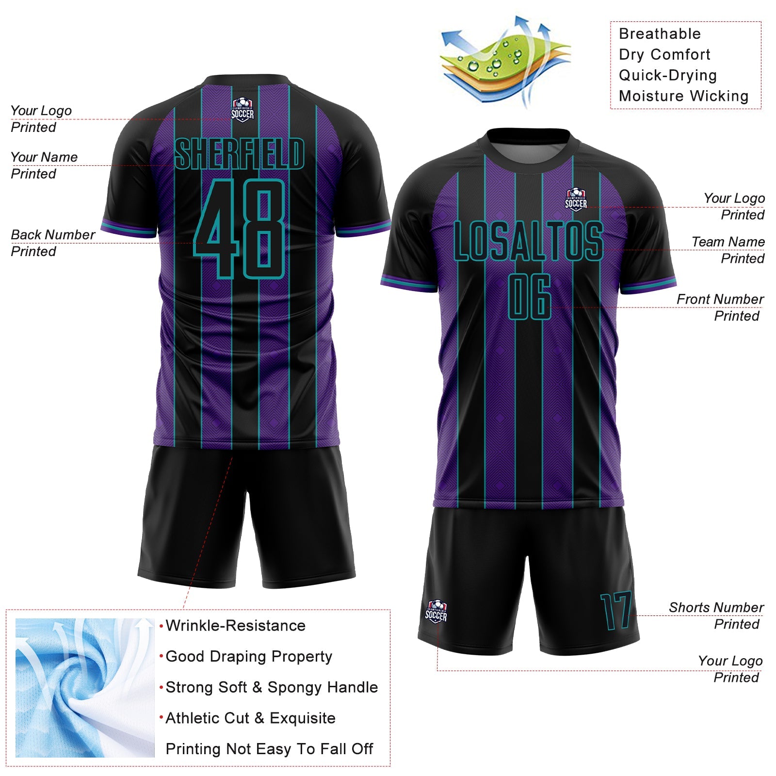 Custom Black Purple-Teal Pinstripe Line Sports Sublimation Soccer Uniform Jersey view 4