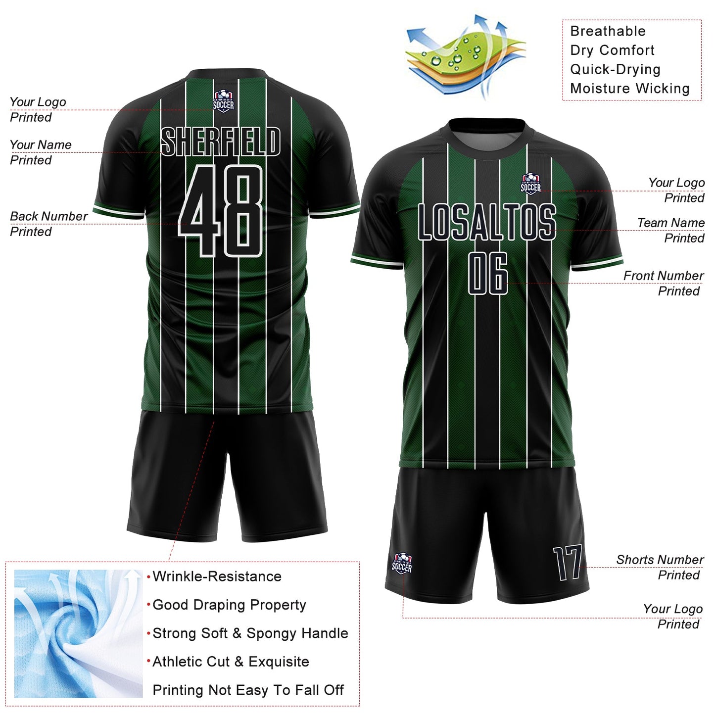 Custom Black Green-White Pinstripe Line Sports Sublimation Soccer Uniform Jersey view 4