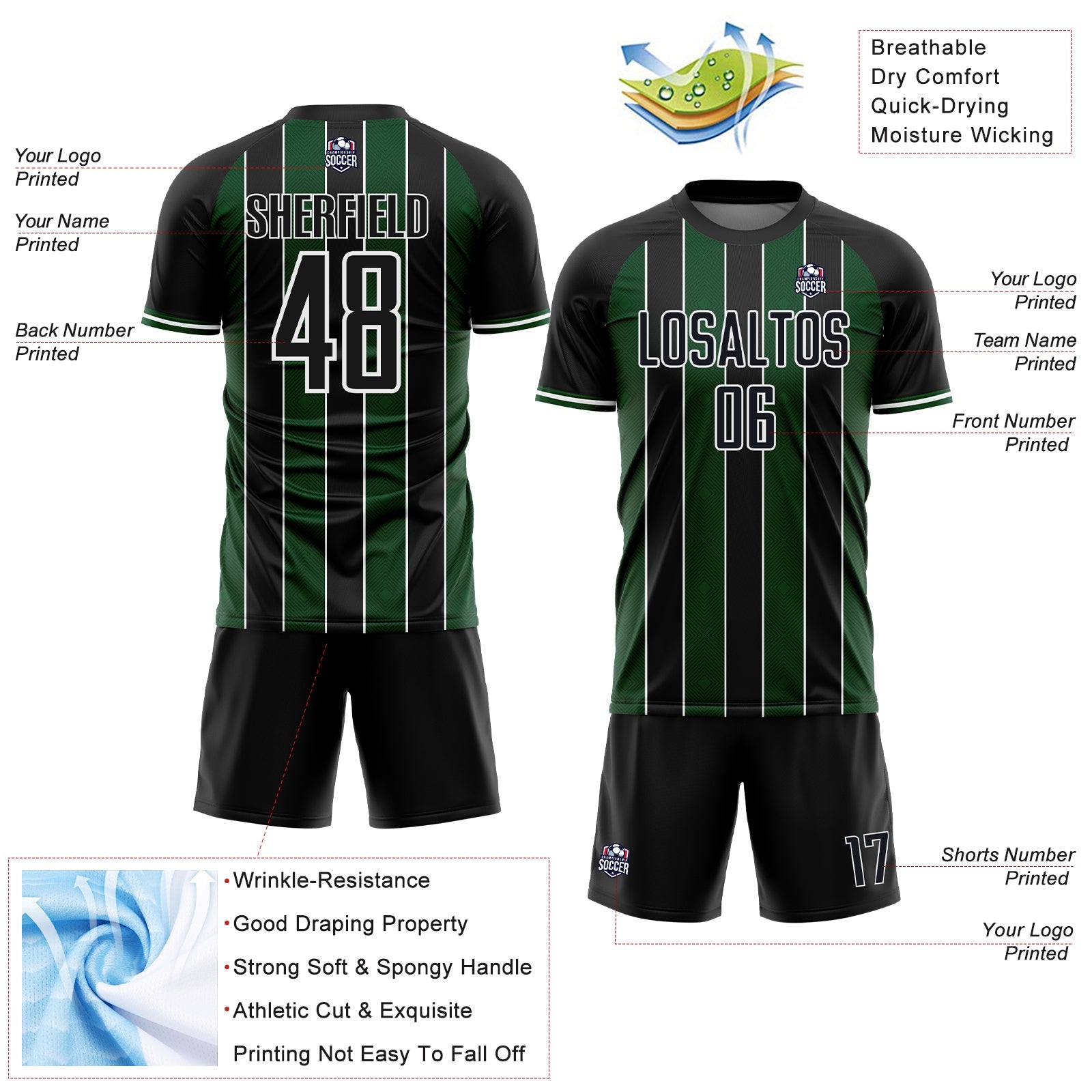 Custom Black Green-White Pinstripe Line Sports Sublimation Soccer Uniform Jersey view 4