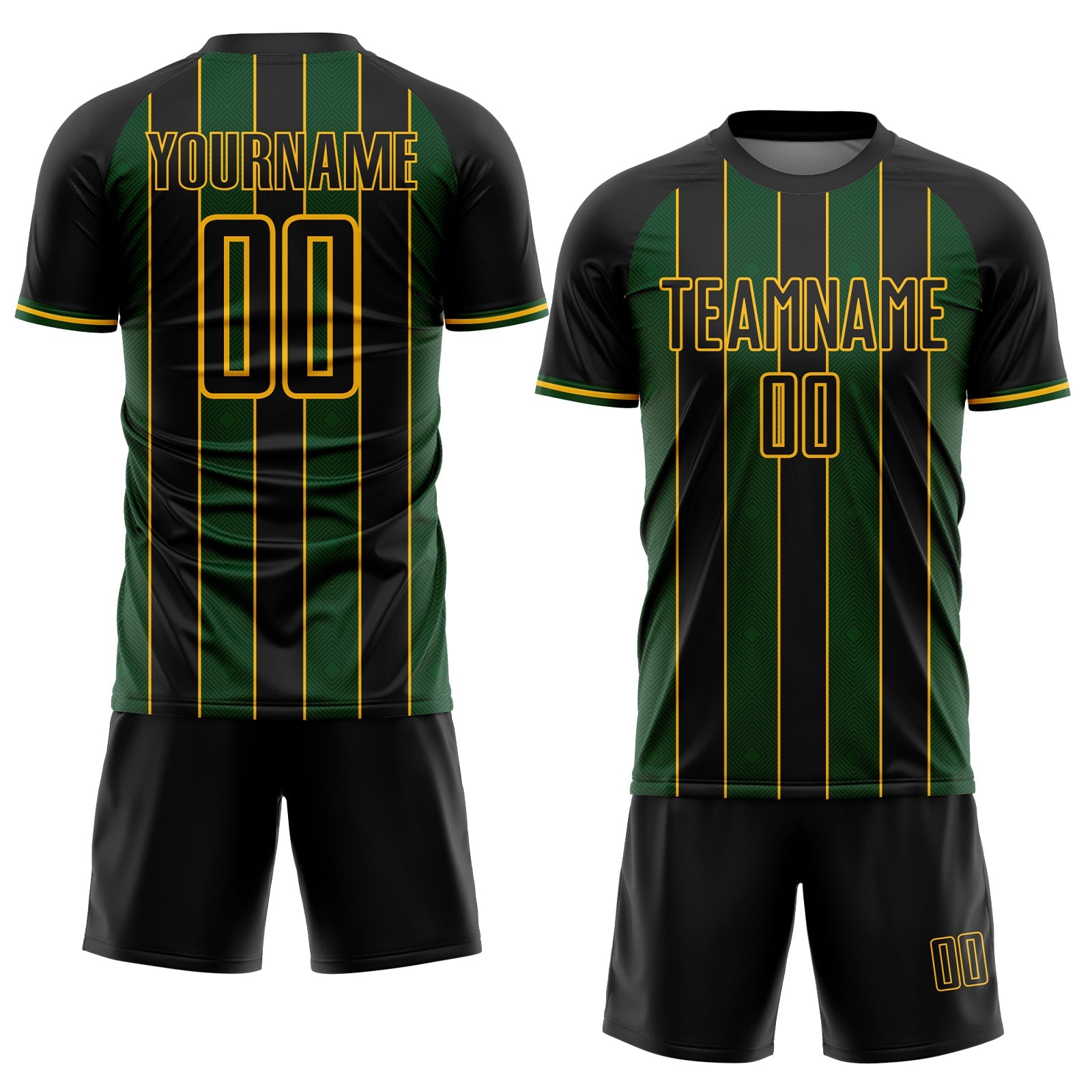 Custom Black Green-Gold Pinstripe Line Sports Sublimation Soccer Uniform Jersey view 2