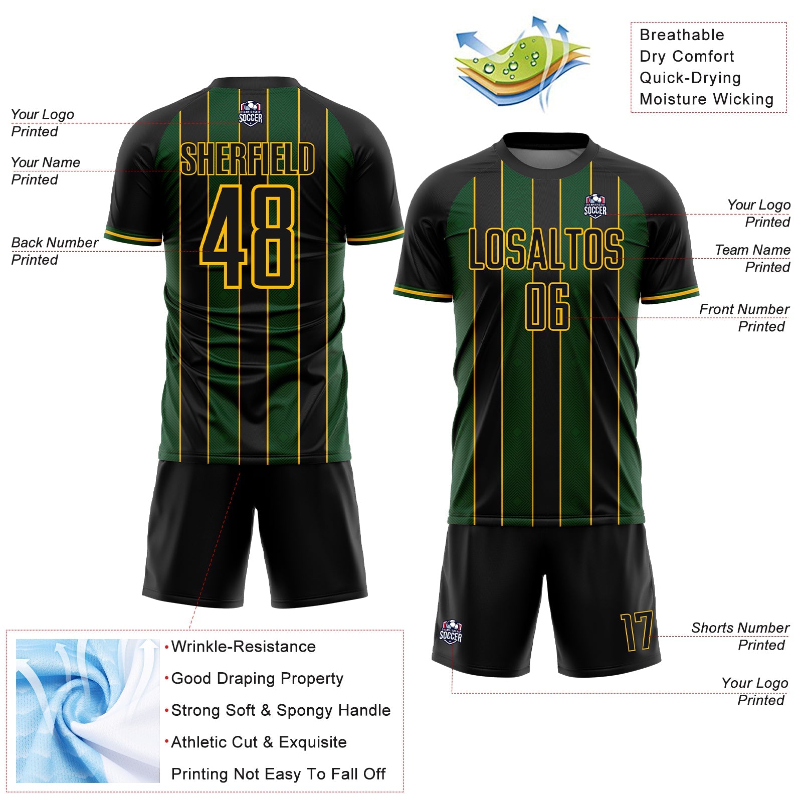 Custom Black Green-Gold Pinstripe Line Sports Sublimation Soccer Uniform Jersey view 4