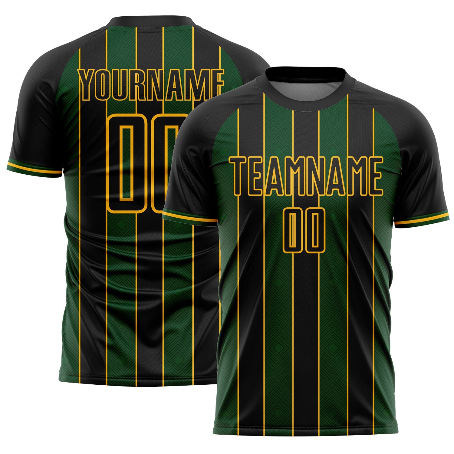 Custom Black Green-Gold Pinstripe Line Sports Sublimation Soccer Uniform Jersey - Main View