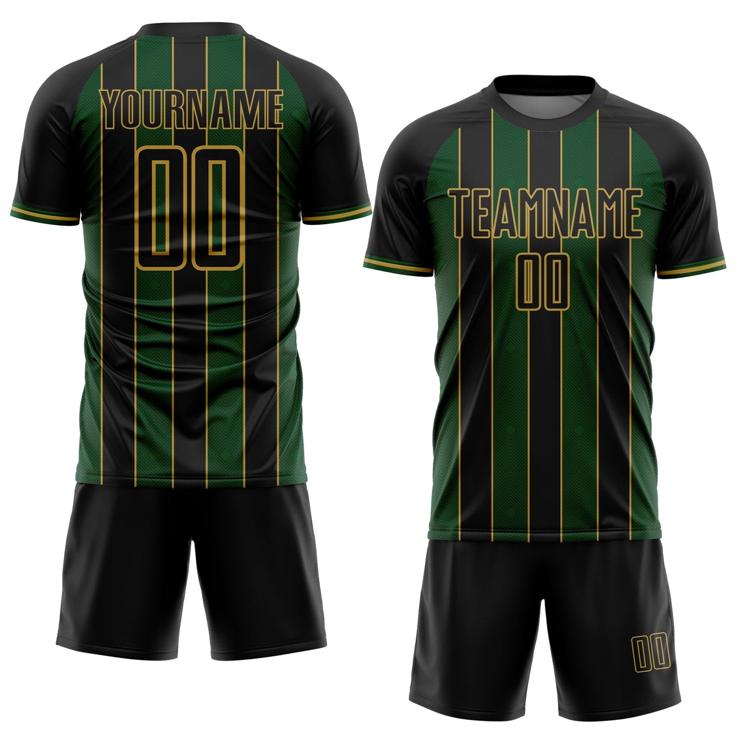 Custom Black Green-Old Gold Pinstripe Line Sports Sublimation Soccer Uniform Jersey view 2