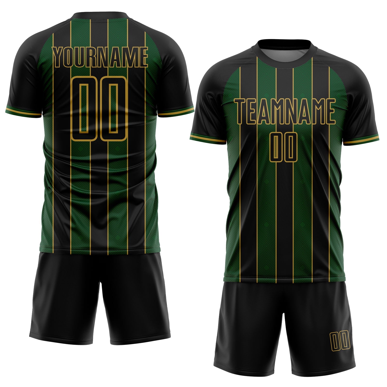Custom Black Green-Old Gold Pinstripe Line Sports Sublimation Soccer Uniform Jersey view 2