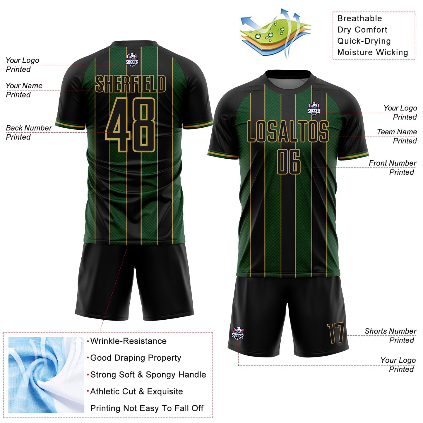 Custom Black Green-Old Gold Pinstripe Line Sports Sublimation Soccer Uniform Jersey view 4