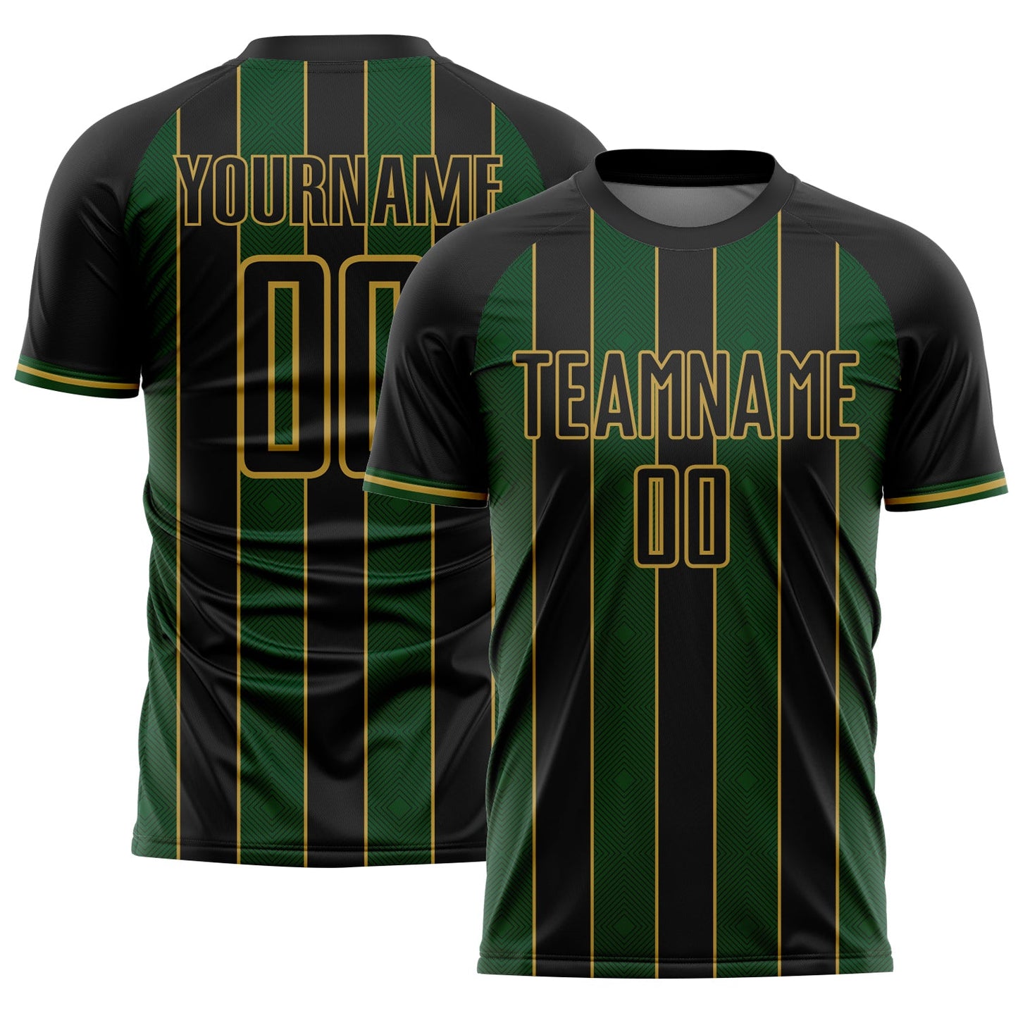 Custom Black Green-Old Gold Pinstripe Line Sports Sublimation Soccer Uniform Jersey - Main View
